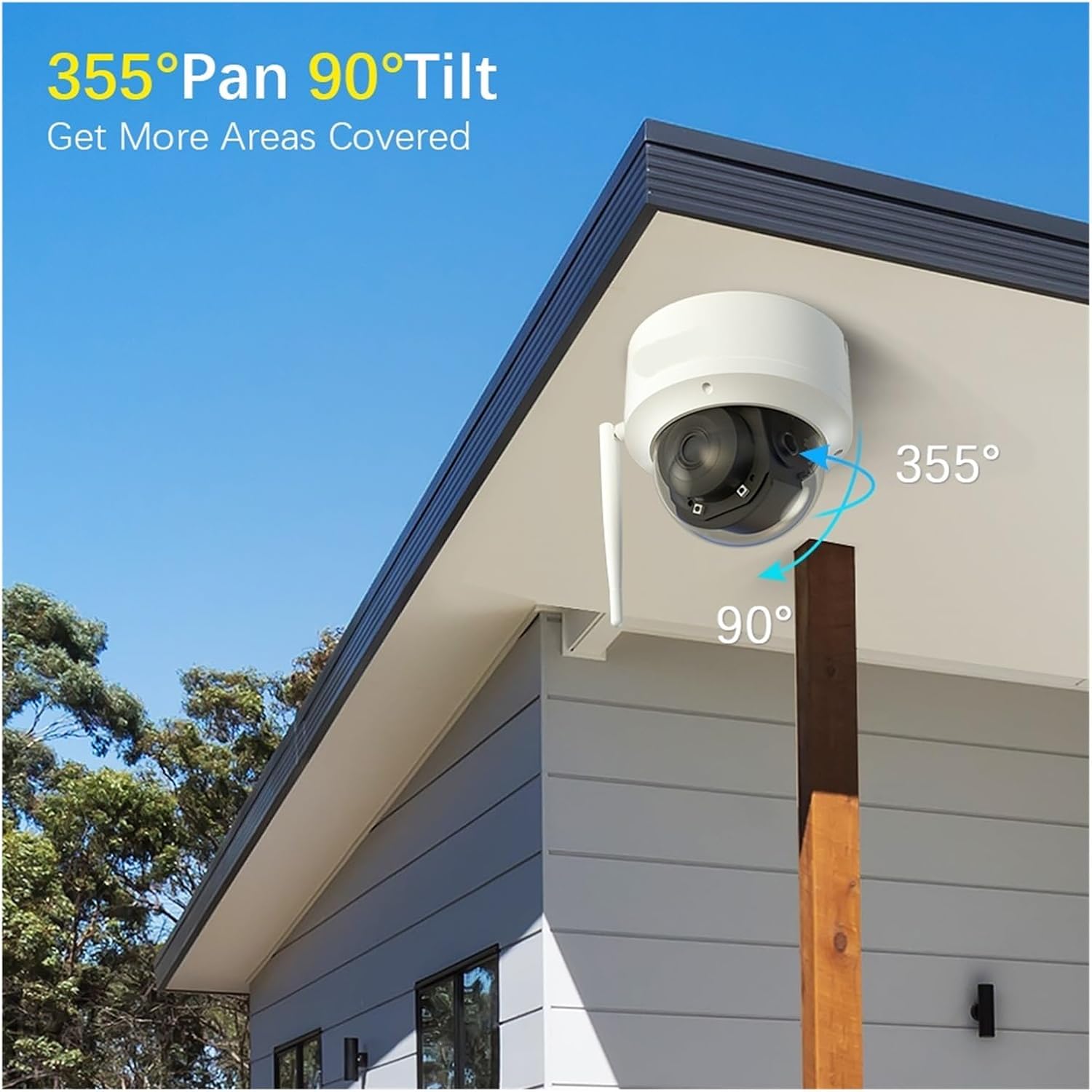 Security camera mounted outdoors, showing arrows indicating 355 degree pan and 90 degree tilt movement.