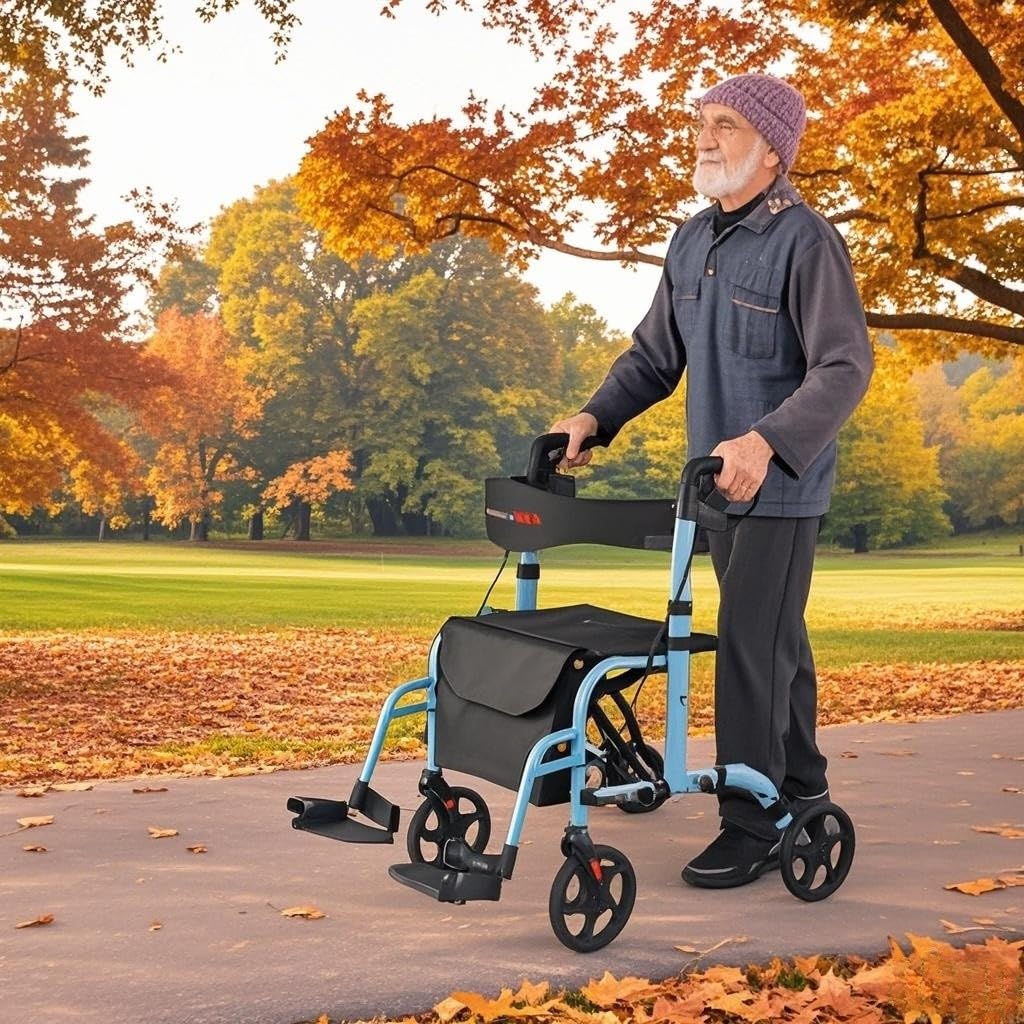 HOMASIS Andador para Ancianos con Asiento, Caminadores para Adultos de Aluminio,136 kg, Ajustables de 6 Niveles, Soporte para Bastón/Paraguas, Tacataca Plegable para Personas Mayores (Azul Marino)