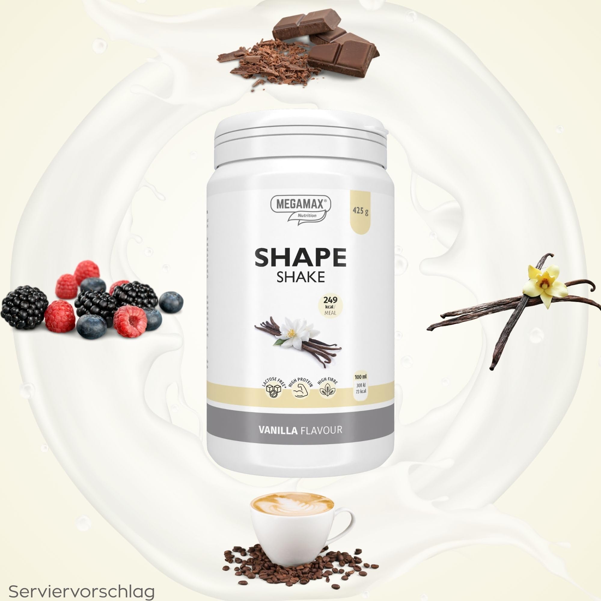 MEGAMAX Shape Shake Vanille - Abnehm Drink mit 27 g Highprotein - Mahlzeitersatz mit Glucomannan - Shake mit Vitaminen & Mineralstoffen - 425 g Pulver - geeignet bei Gewichtsmanagement