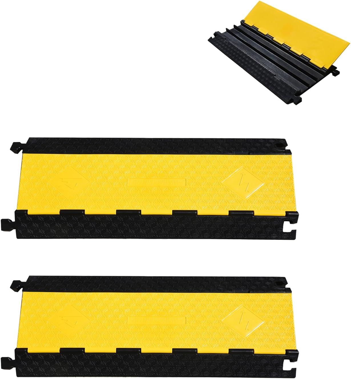 2 Pack 17600lbs Load Capacity Cable Ramps Cable Protector Ramp Heavy Duty Rubber Hose Protector Ramp Speed Bump Outdoor (3 Channels, Yellow & Black