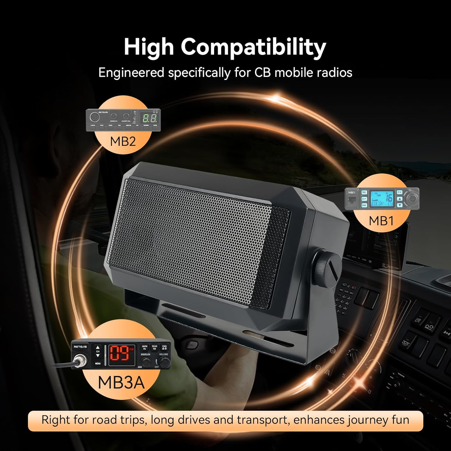 Retevis MB3A AM/FM CB Radio Kit with External Speaker, 40-Channel, Long Range Trucker Radio with Antenna, 12V/24V Cigarette Lighter, PA, Noise Limiter, Emergency Channels 9/19, Cooling System