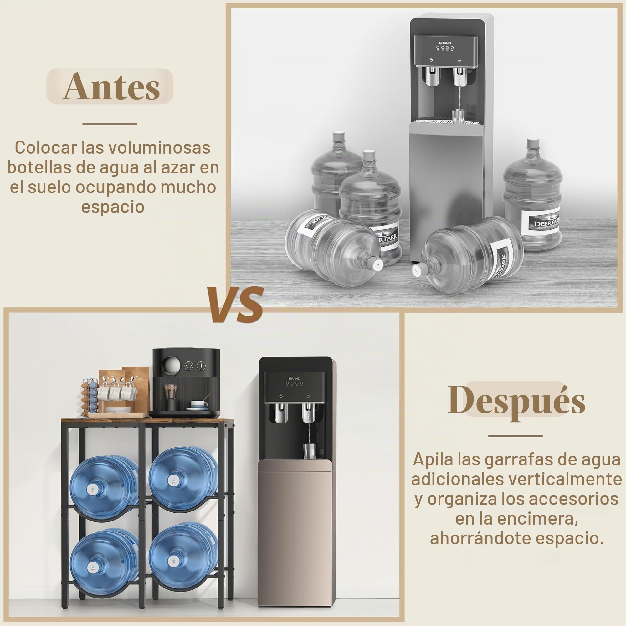 Bikoney Soporte Garrafas Agua 19L, Estante 3 Niveles con Repisa de Madera, Organizador 4 Huecos para Botellas 5 Galones, Portabotellas con Dispensador para Casa, Oficina, Garaje