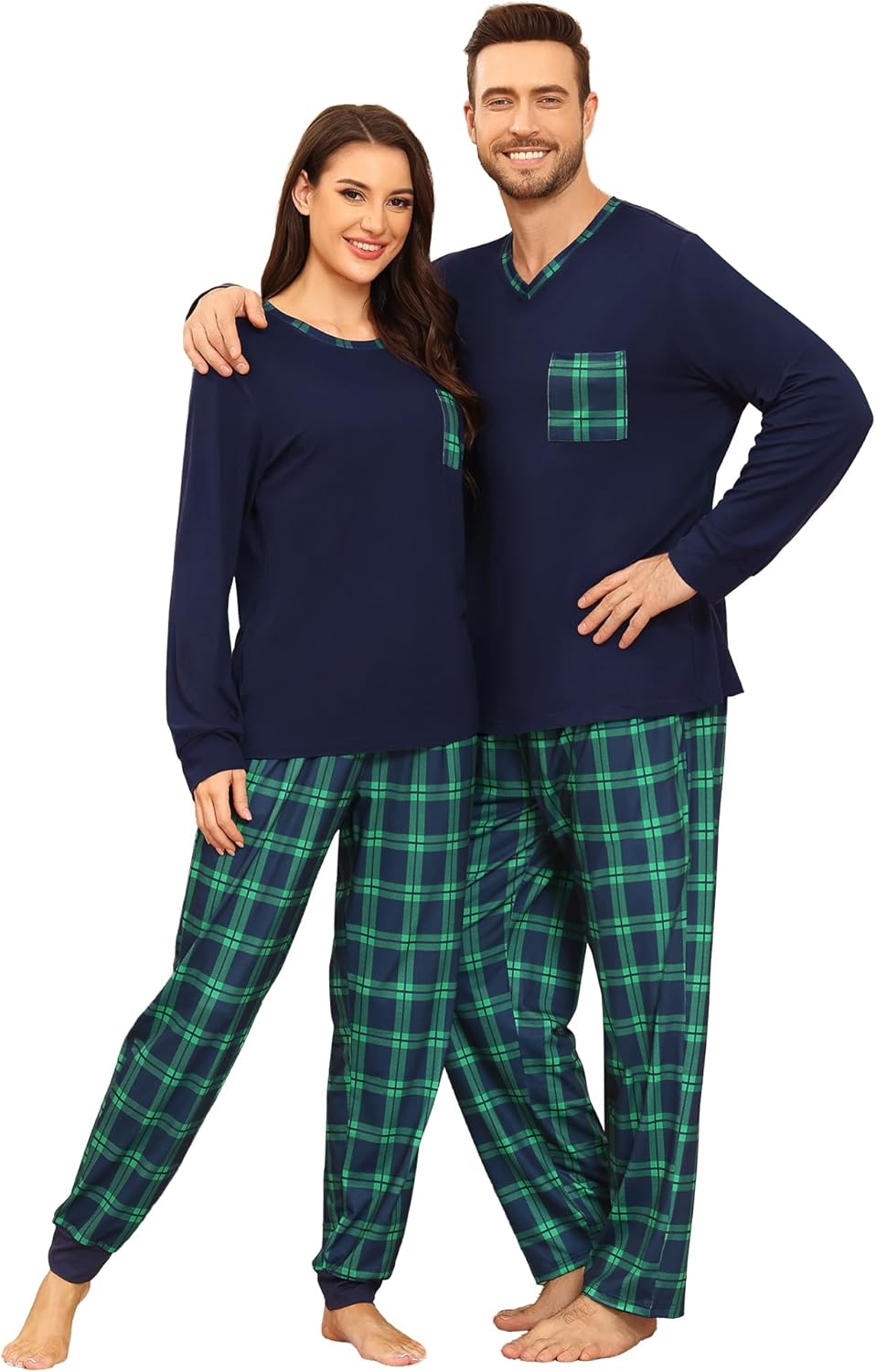 SWOMOG Couple Matching Pajamas Plaid Long Sleeve Christmas Pjs for Men and Women Soft Warm Loungewear with Pocket