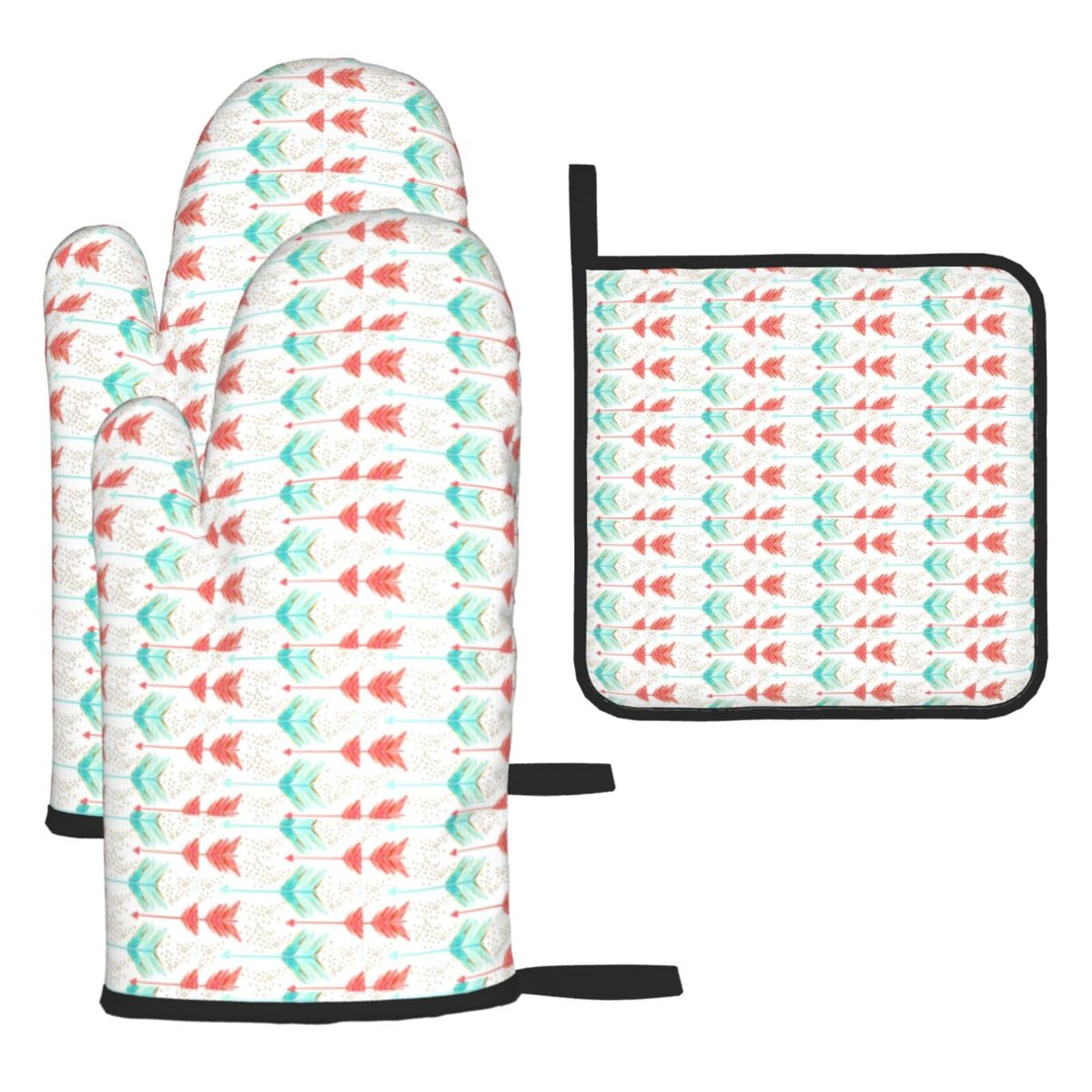 Coral And Teal Arrows Print Oven Set Kitchen Gloves Baking Grilling Microwaving Cooking Gift Everyday Holiday
