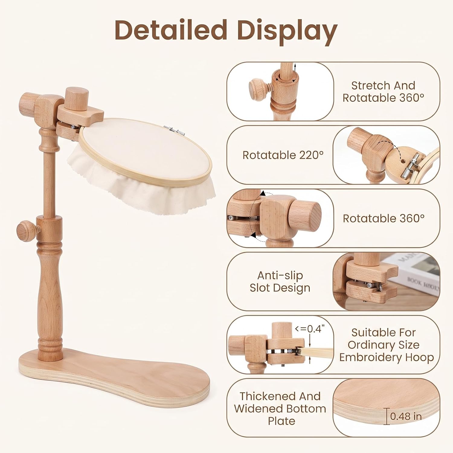 Qianyu Adjustable Embroidery Hoop Stand Beech Wood Embroidery Stand Rotated Cross Stitch Holder for Lap with 2 Bamboo Hoops Tabletop Seat Frame Stands for Needlework