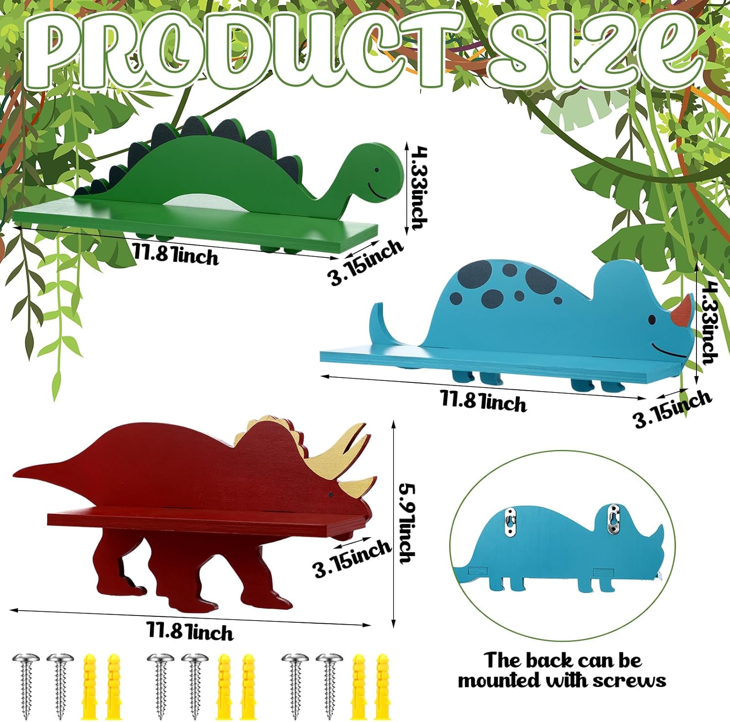 Pinkunn 3 Pcs Dinosaur Wooden Wall Shelf Decorative Dinosaur Bookshelf Triceratops Iguanodon Stegosaurus Wall Shelf with Hanging Pegs Dino Nursery Decor for Boys Room, 3 Styles