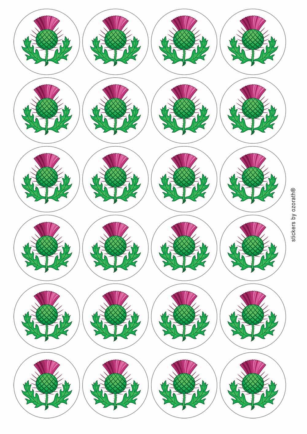 Scottish Thistle Circular Matt Paper Stickers A4 Sheet of 24 (Each Sticker is 45mm Diameter)
