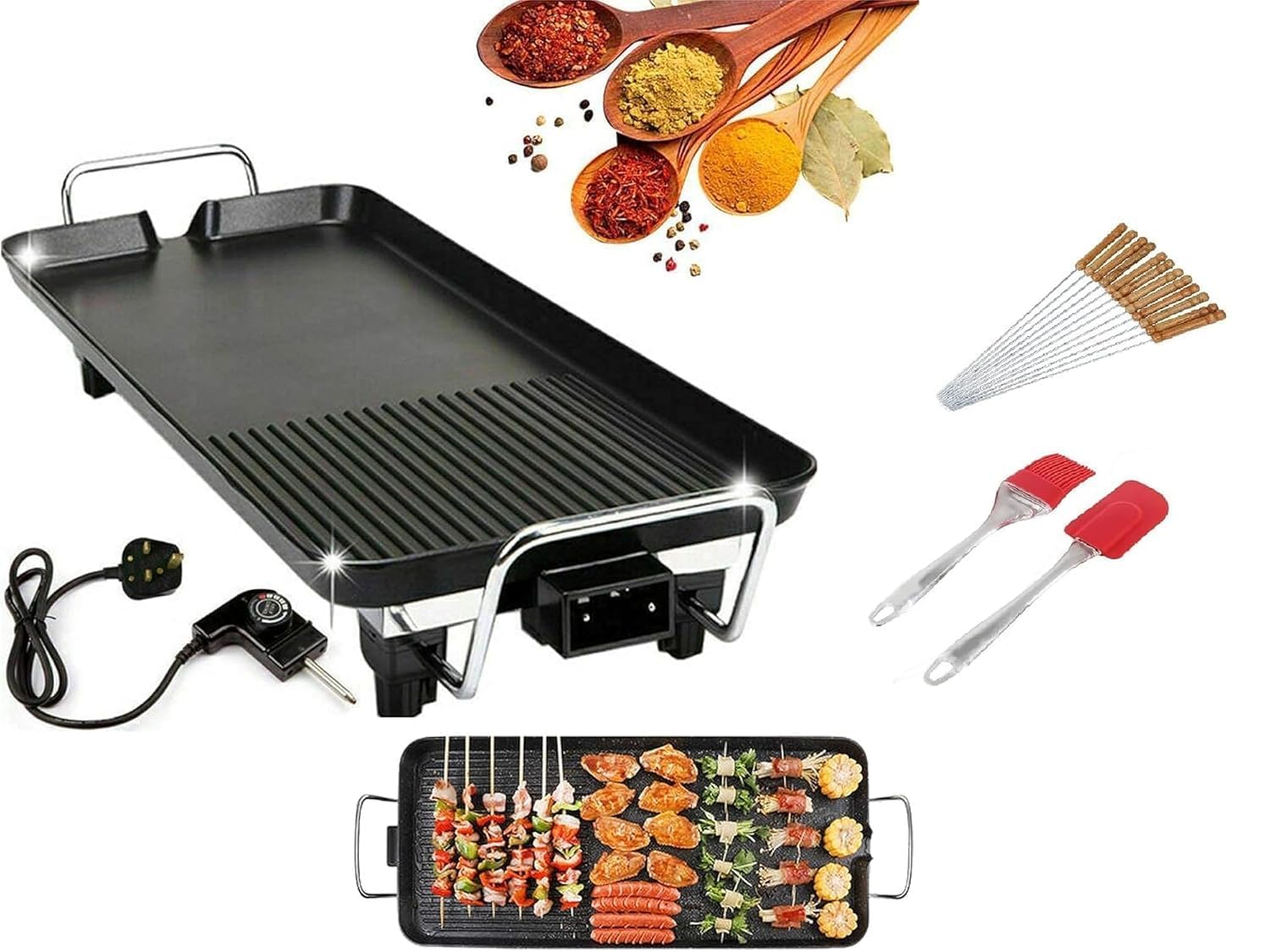 1500W Outdoor Indoor Griddle, Large Barbecue Hot Plate Electric Camping Teppanyaki, Non-stick Electric BBQ Grill Easy Clean Smokeless Griddle With BBQ Stick And Brush Set (Design-1)-image-11