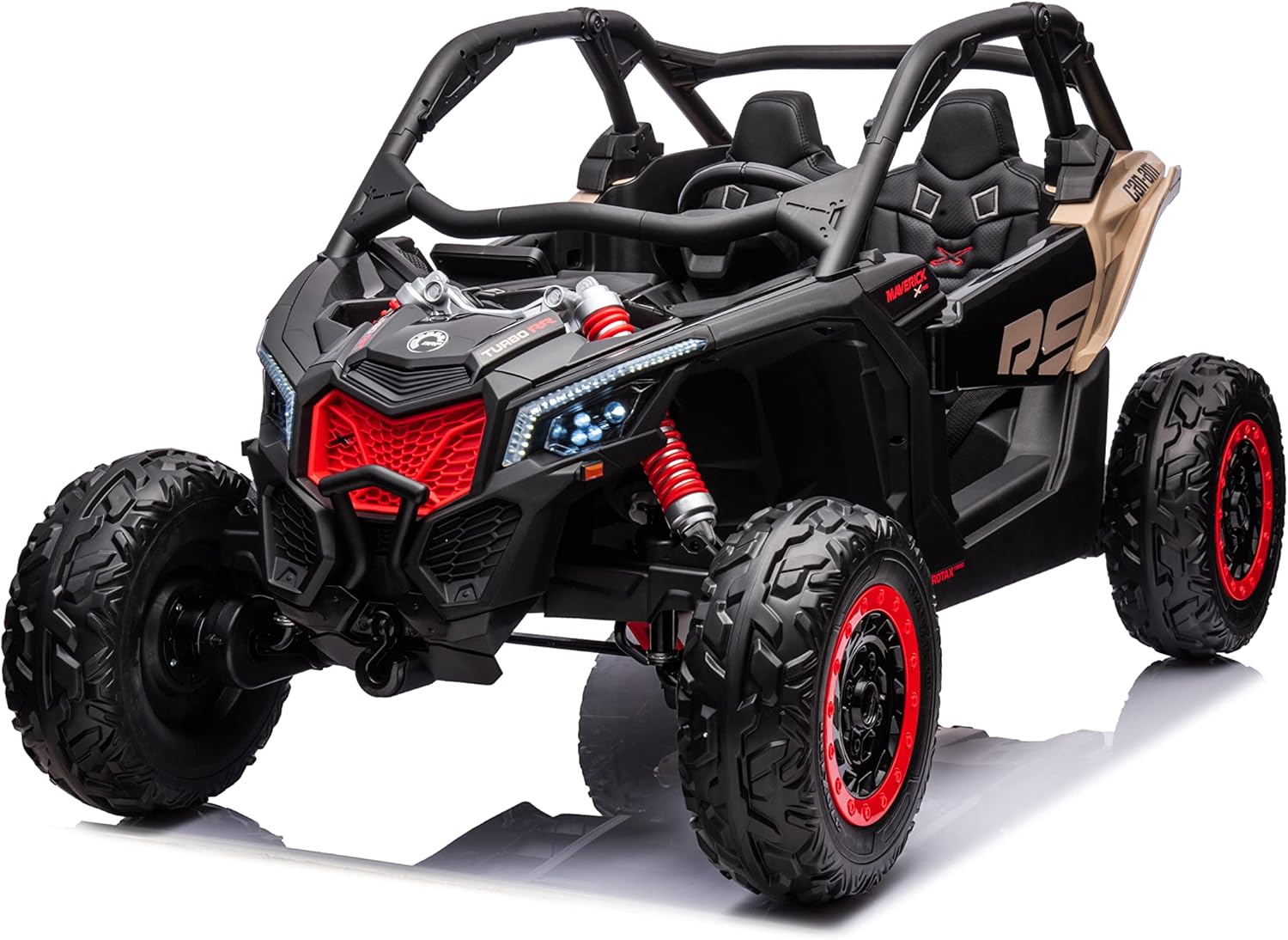 Can Am Maverick 2x24V, 4x4 Kids UTV 2 Seater Ride-On, Ages 3-8, 110 lbs Capacity, LED Lights, Leather Seats, Parental Remote Control, Bluetooth, Radio, MP3/Aux, EVA Tires, LED Lights (Khaki)
