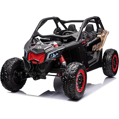 Can Am Maverick 2x24V, 4x4 Kids UTV 2 Seater Ride-On, Ages 3-8, 110 lbs Capacity, LED Lights, Leather Seats, Parental Remote Control, Bluetooth, Radio, MP3/Aux, EVA Tires, LED Lights (Khaki)