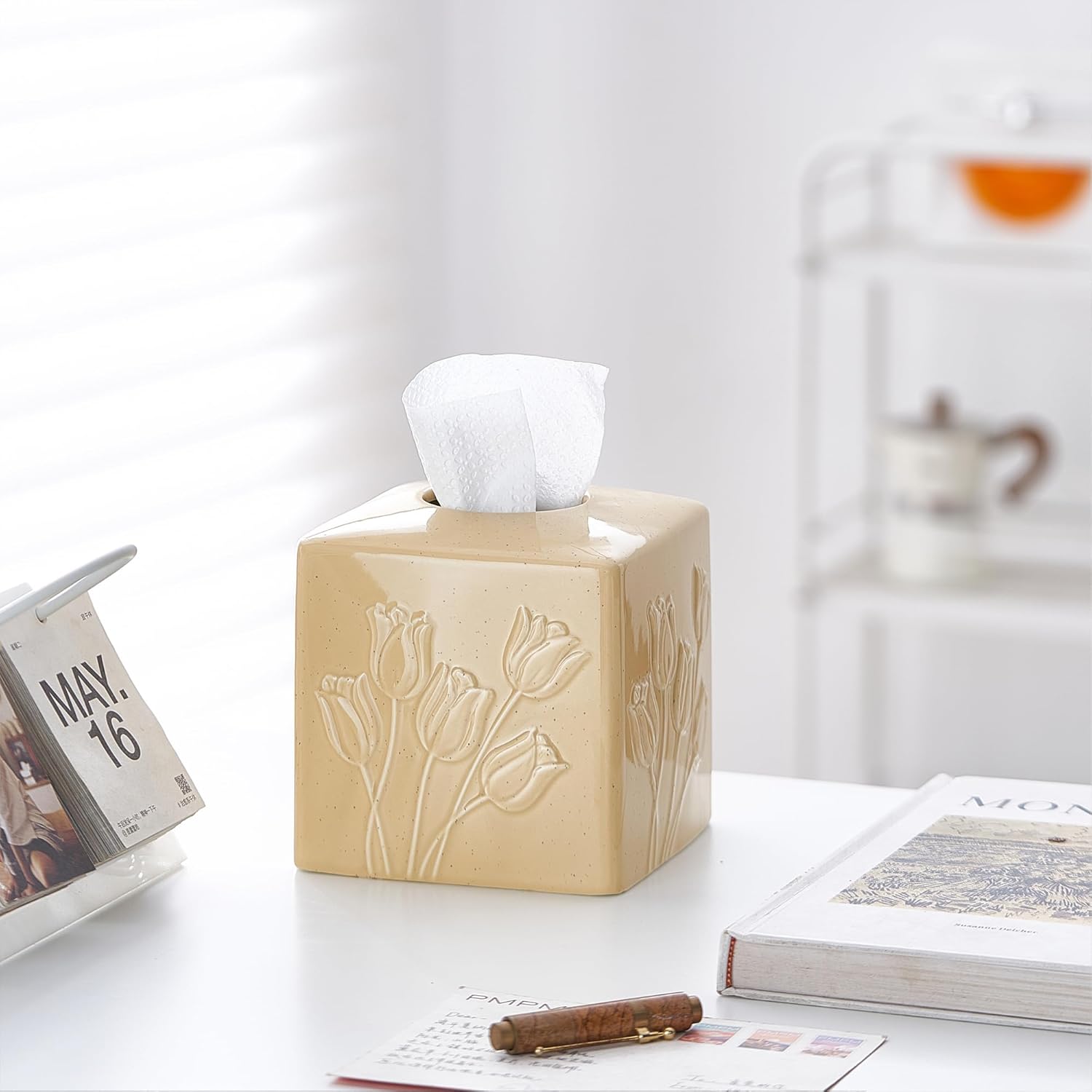 Beige Ceramic Tulips Tissue Box Cover - Modern Square Decorative Organizer for Facial Tissues, Farmhouse Style Home Decor for Bathroom, Bedroom, Living Room & Office