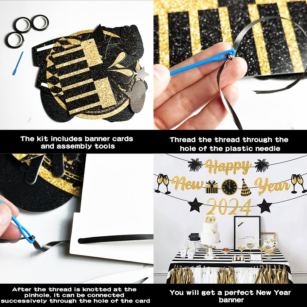 TC.ES Happy New Year 2025 Banner - Gold & Black Glitter, Pre-Assembled, Mantle Party Decor - View #5