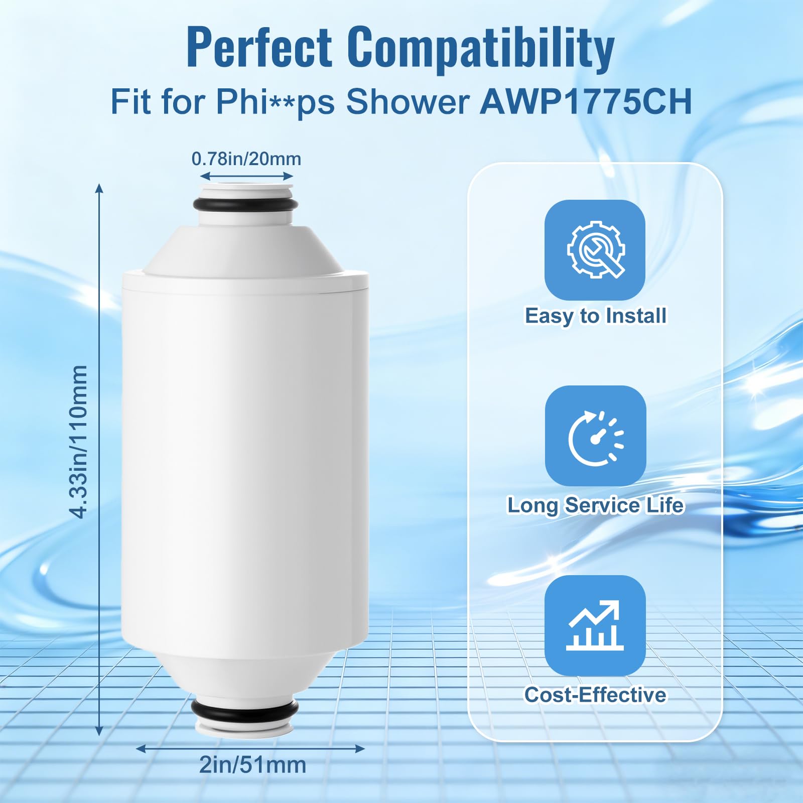 Cartuccia di ricambio del filtro AWP175 compatibile con la doccia Philips AWP1775CH, elimina cloro e impurità, capacità di filtrazione - confezione da 3