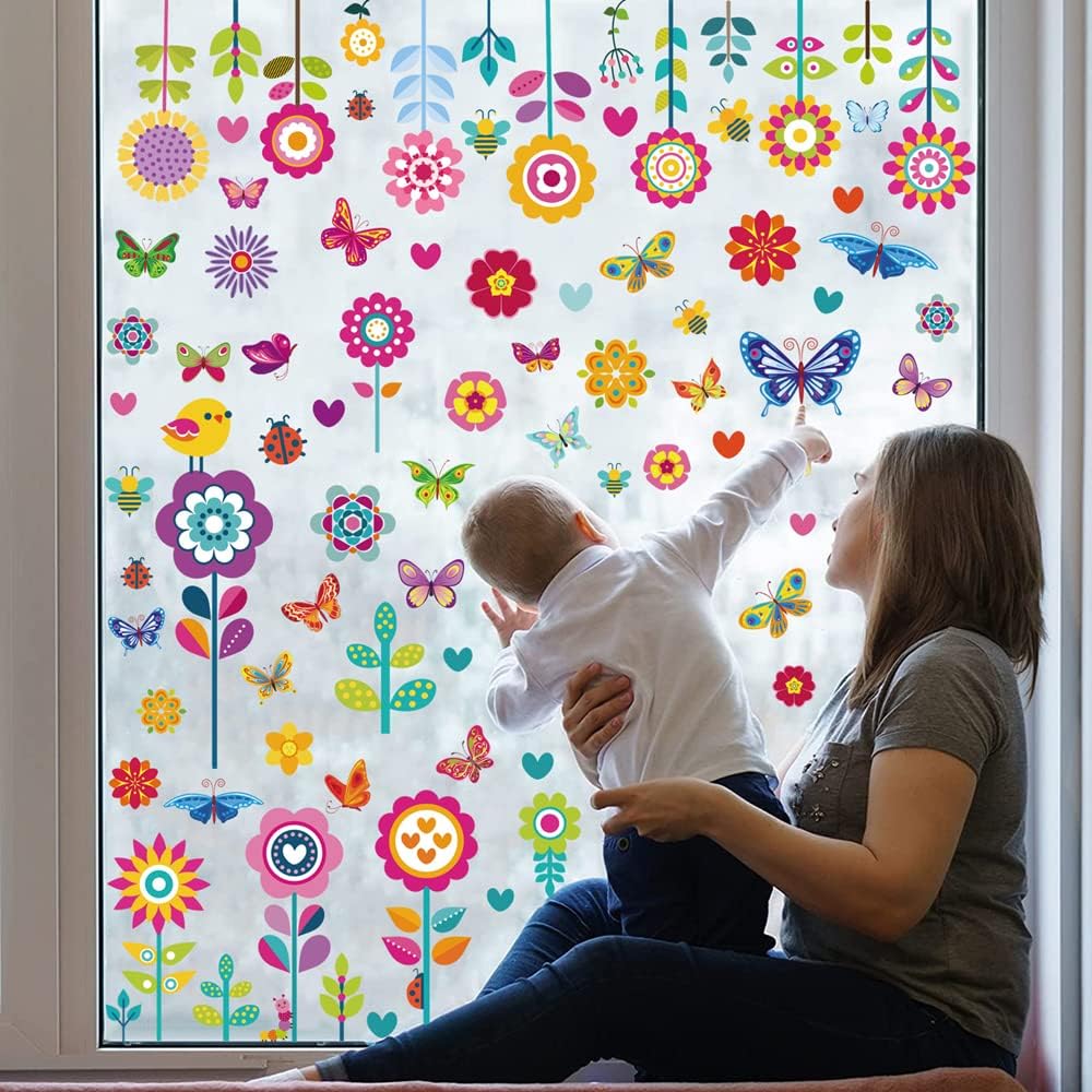 Amazon.com: Spring Garden Flower Window Clings,Plant Bee Butterfly ...