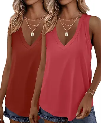 KKJ 2 Pack Womens Tank Tops Workout V Neck Tees Summer Sleeveless Loose Fit Casual Outfits Shirts Fall Fashion Clothes