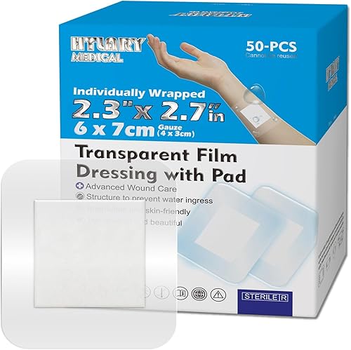 Apósito de película transparente impermeable con almohadilla absorbente, paquete de 50 vendajes adhesivos estériles para heridas postquirúrgicas,