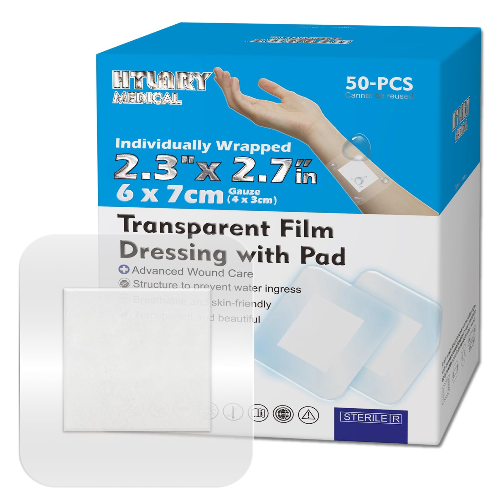 Apósito de película transparente impermeable con almohadilla absorbente, paquete de 50 vendas adhesivas estériles, cubierta postquirúrgica, barrera protectora para pieles sensibles (2.3 x 2.7