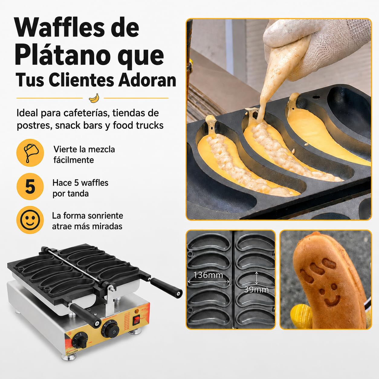 Gofrera Profesional con Forma de Plátano, 5 Gofres por Hornada, Placas Antiadherentes, Temporizador y Temperatura Ajustables, para Cafeterías, Heladerías, Churrerías y Food Trucks