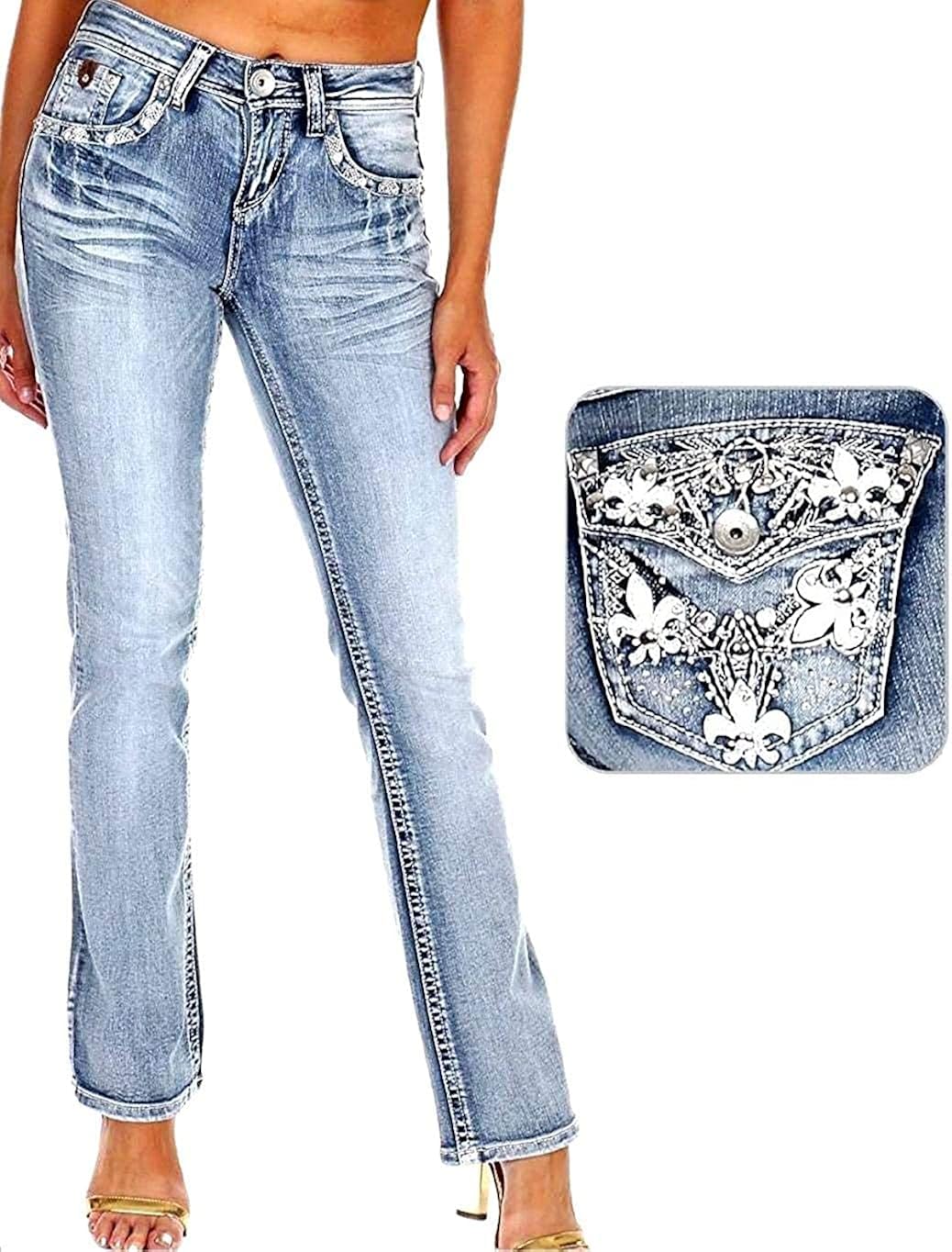 Jack David/Sweet Look Jean Classic Rhinestone Studded Denim Bootcut/Skinny Jeans Stretch