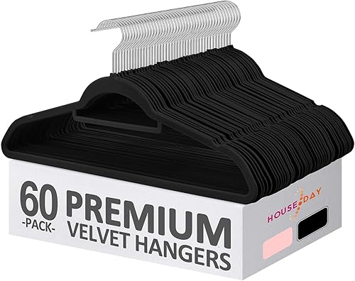 HOUSE DAY Lujosas perchas de terciopelo con barra de amarre, paquete de 60 perchas negras de alta calidad antideslizantes, perchas de fieltro que