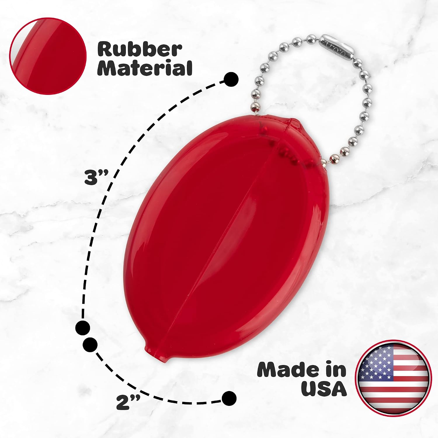 Oval Rubber Coin Purse Change Holder Made in U.S.A. For Men/Woman With Chain Pouch Made By Nabob Leather (Red 3 Pack)