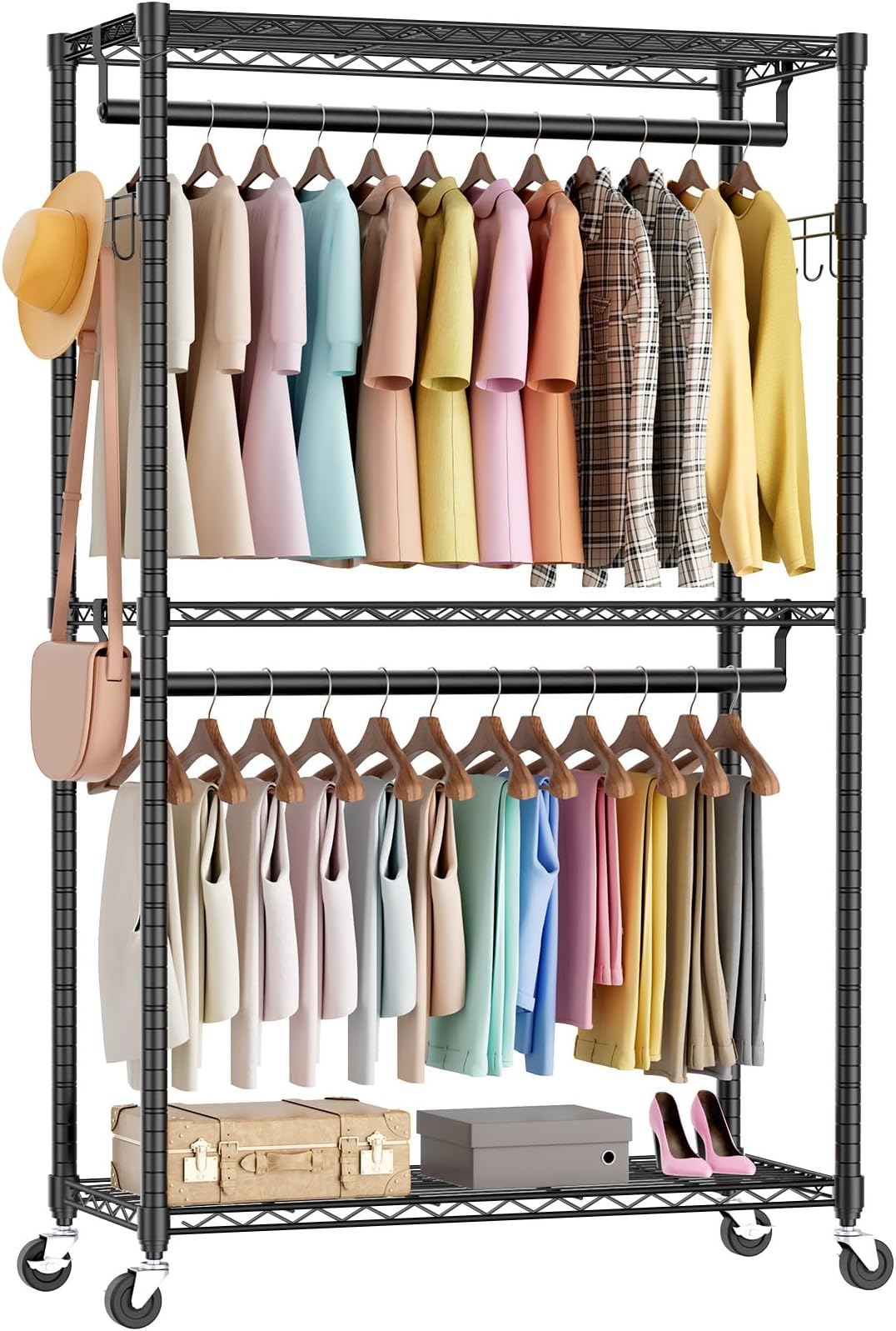 Sweetcrispy Rolling Clothes Rack, Heavy Duty Garment Racks 3 Tiers Portable Adjustable Wire Shelves with Wheels, Hanging Rods & Side Hooks Metal Freestanding Clothing Wardrobe Closet - Black
