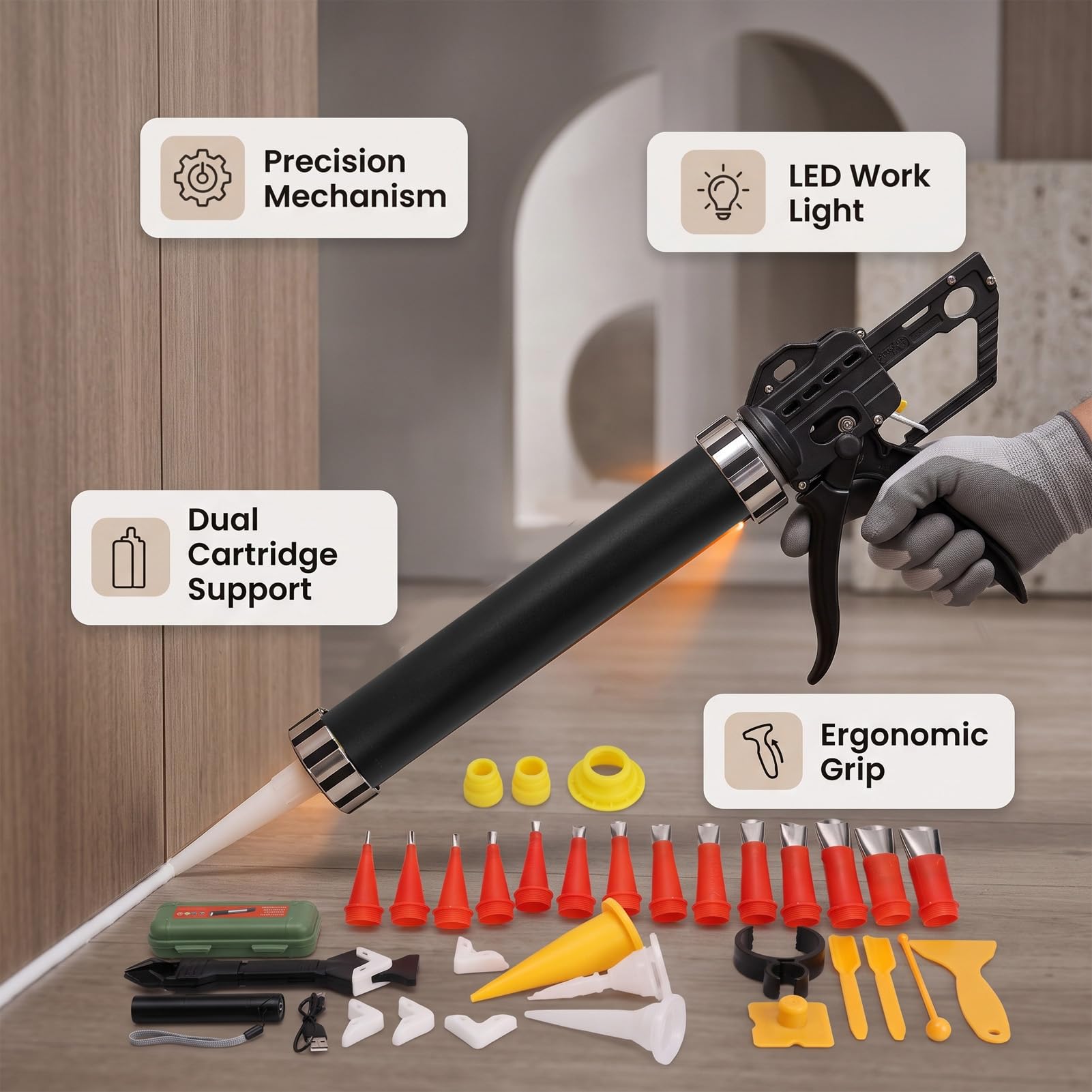 Pistola de Calafateo Industrial Manual, Aplicador Sellador 19 Rodamientos con Luz LED, Dispensador Pistola Calafateo Manual para Construcción Sellado Ventanas Puertas Piso