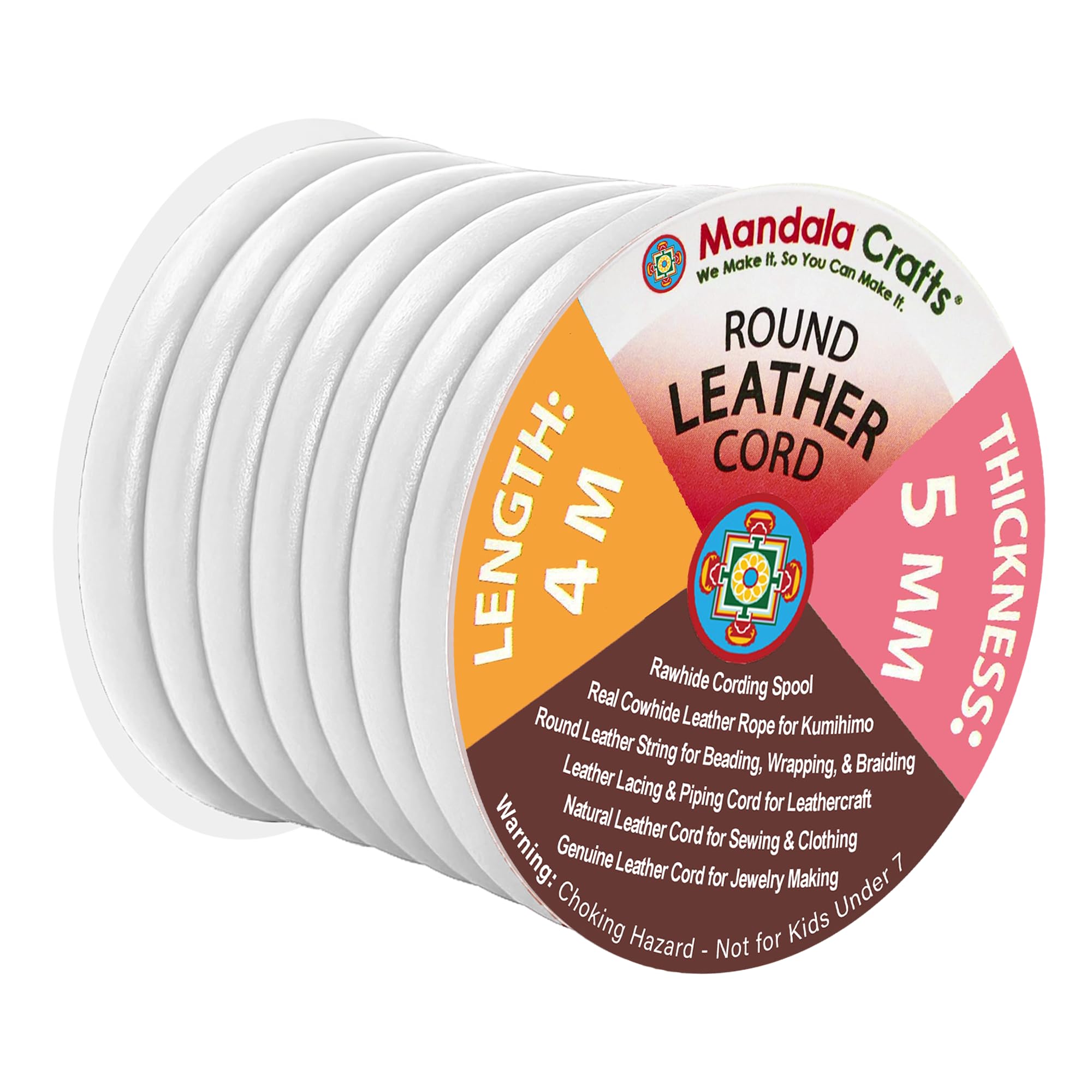 Mandala Crafts Round Genuine White Leather Cord for Jewelry Making – 5mm Cowhide Leather Rope String Lace for Kumihimo – 4.4 Yards Cowhide Craft