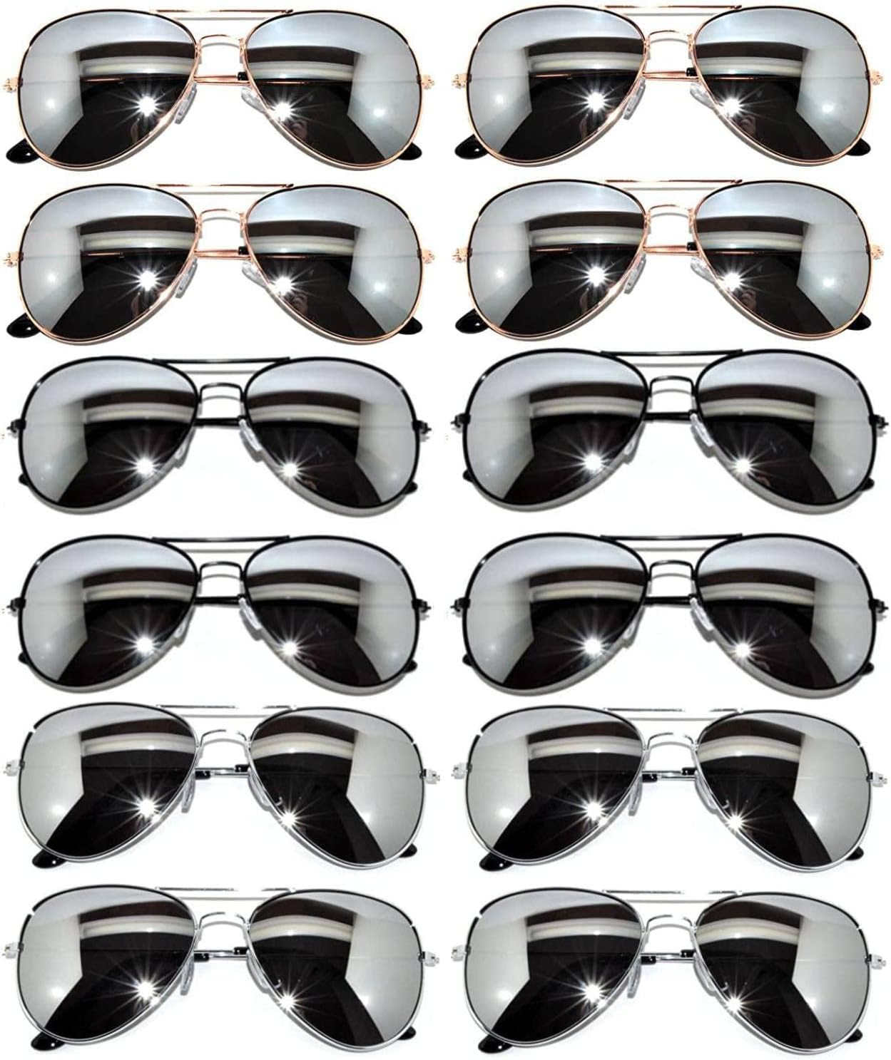 OWL 12 Pack Aviator Sunglasses Mirrored Lens, Womens Mens Wholesale Eyewear with Black, Silver, Gold Frames