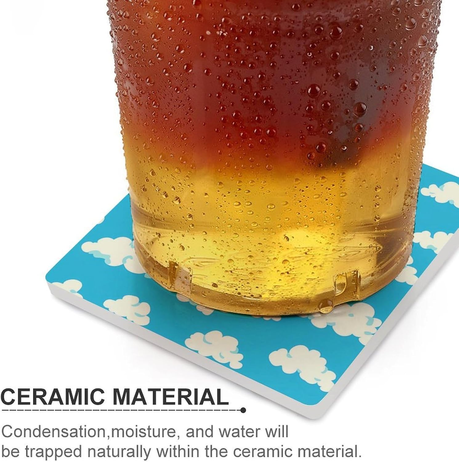 Blue Cloud Coasters for Drinks Square Table Coasters Set Cup Mats with Cork Base