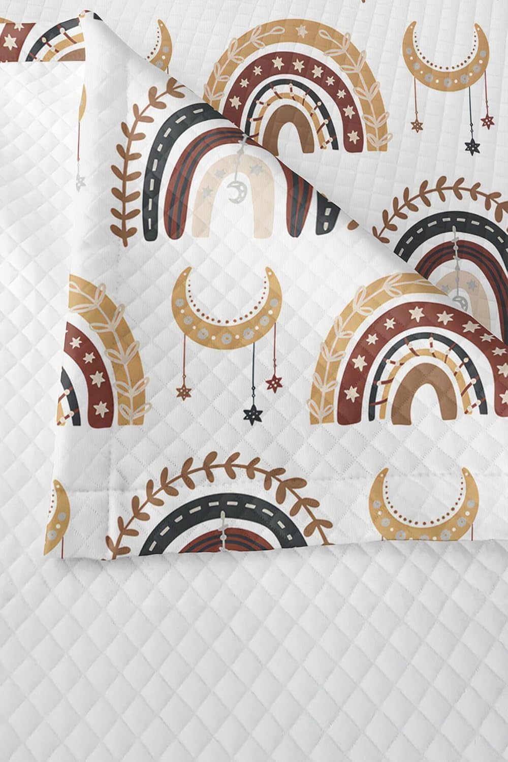 SODEF Bedding Set Twin Size Rainbow and Crescent Moon Pattern Kids Room Quilt Set Cotton Polyester Blend 2 Piece Set Yellow Brown Bohemian - Multicolor, One Size