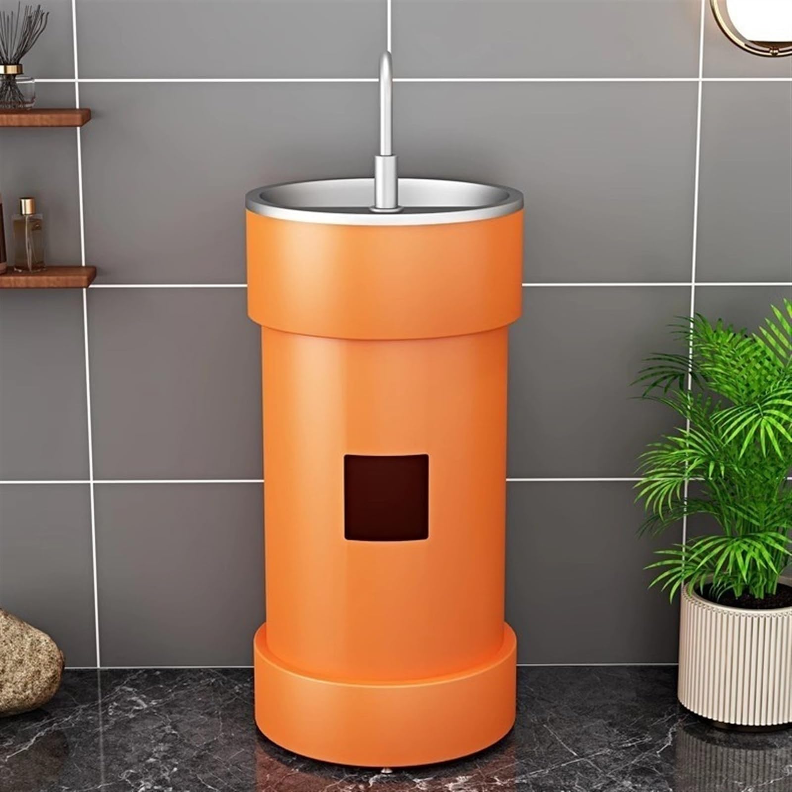 Lavabo da Bagno Moderno A Colonna Autoportante con Base in Acciaio Inox, Forma Rotonda per Bagno Residenziale E Commerciale, Design Elegante, Nero.,Red