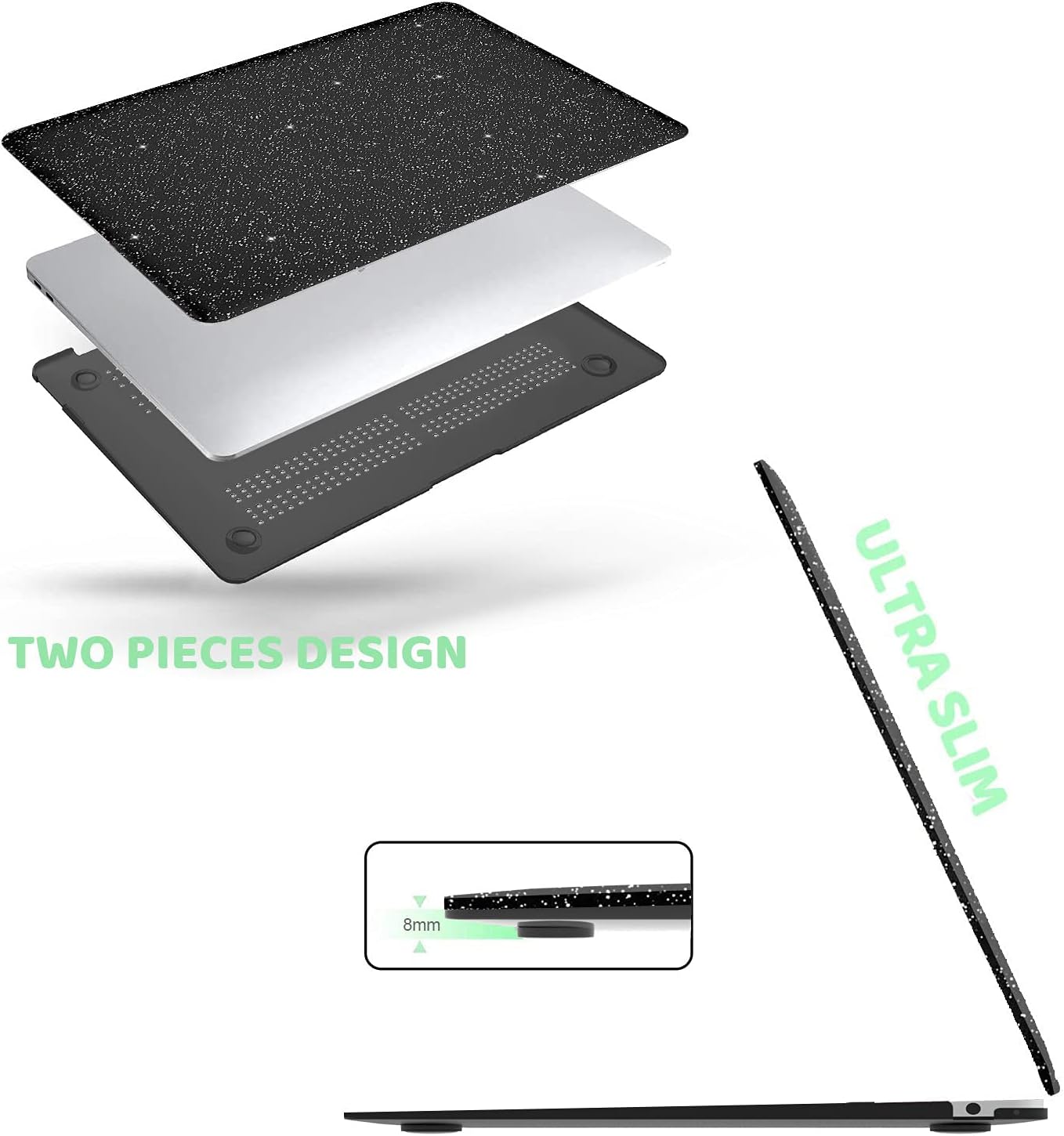 Anban Compatible with MacBook Air 13 inch Case, Glitter Smooth Leather Snap On Protective Laptop Hard Shell Case with Keyboard Cover, Model: A1466 A1369 Older Ver 2010-2017 Release, Black