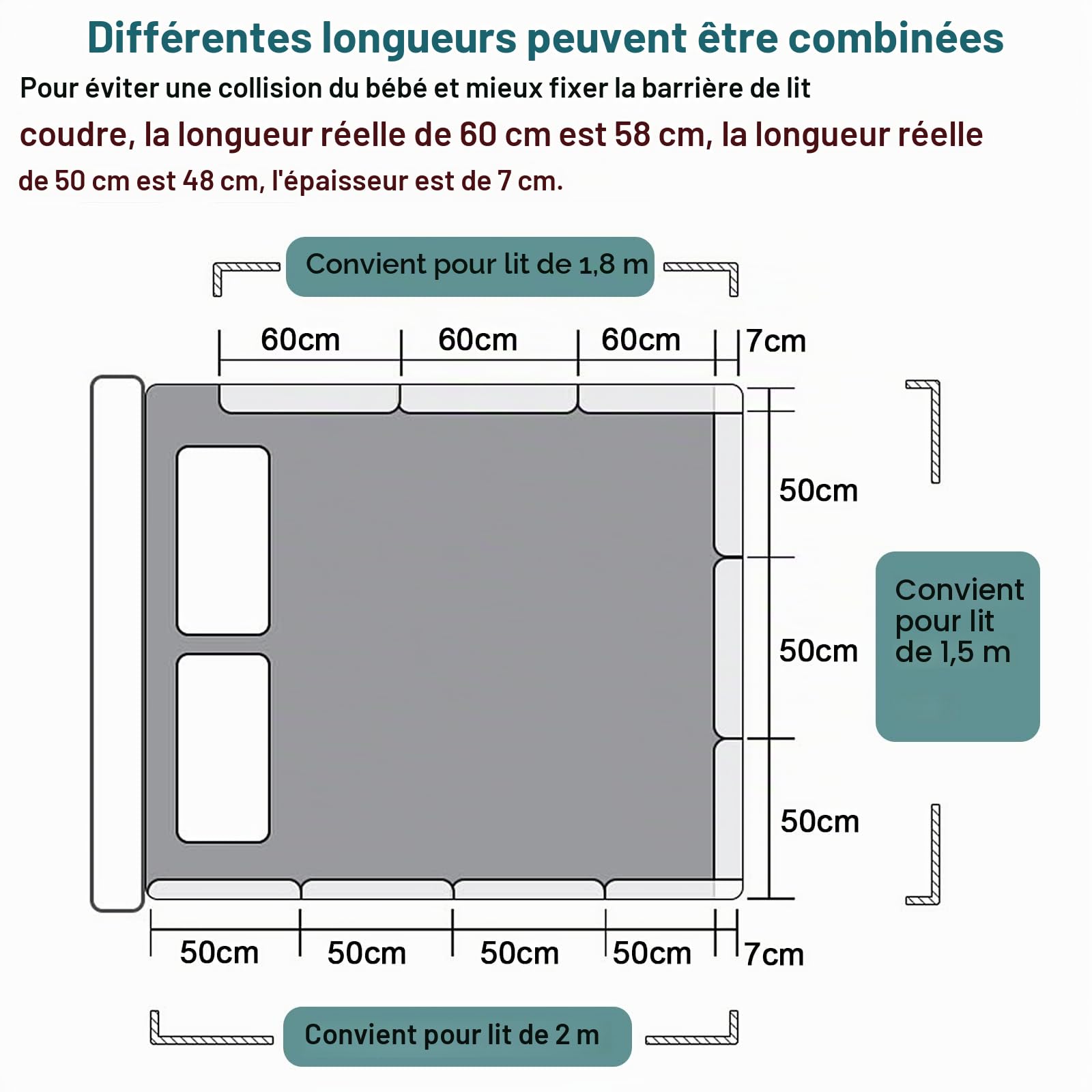 UISEBRT Lot de 2 barrières de lit de 60 cm - Protection Contre Les Chutes de lit pour Enfants - 5 Trous - Hauteur réglable - Protection de sécurité pour Les bébés et Les Enfants - 120 cm - Rose
