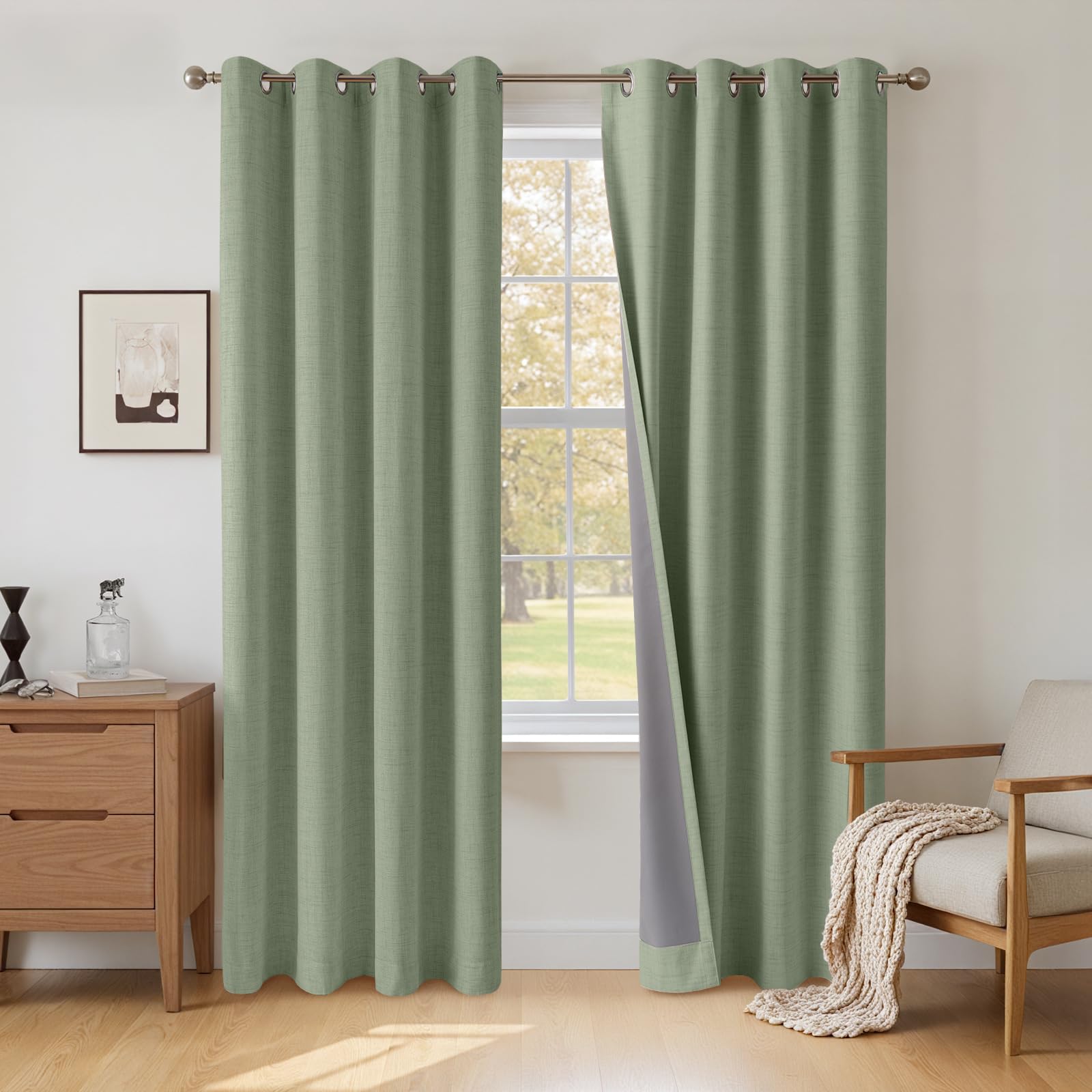 INOVADAY 100% Blackout Curtains 72 Inch Drop 2 Panels, Thermal Insulated Eyelet Curtains with Coating Back Layer for Bedroom & Living Room, 46" W x 72" L, Sage Green โ image 1