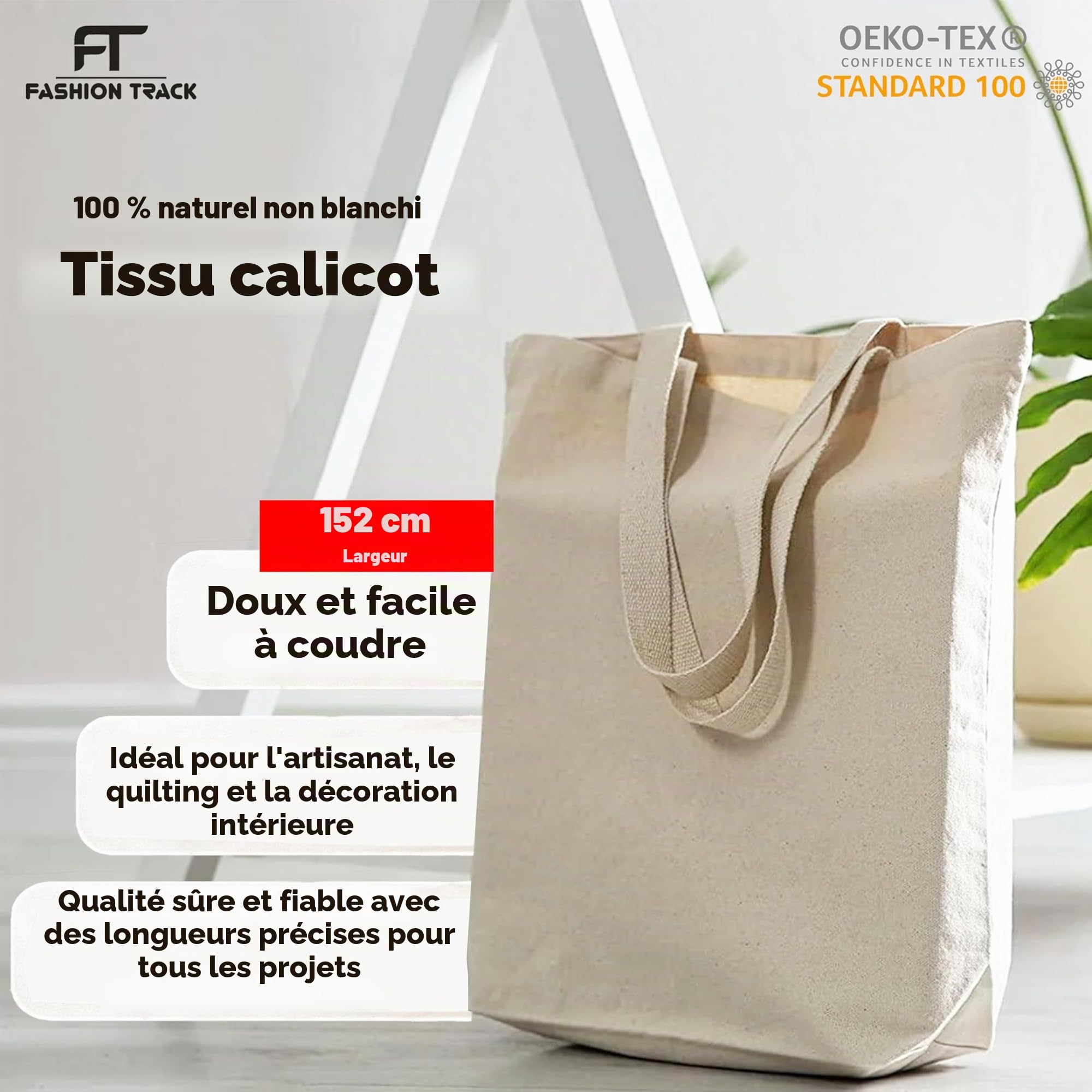 Tissu au mètre (10 m, calicot naturel) 147,5 cm de large, poids moyen, 100% coton, pour nappes, couture, matelassage, doublures de rideaux, housses de coussin et sacs fourre-tout | FT Fashion Track