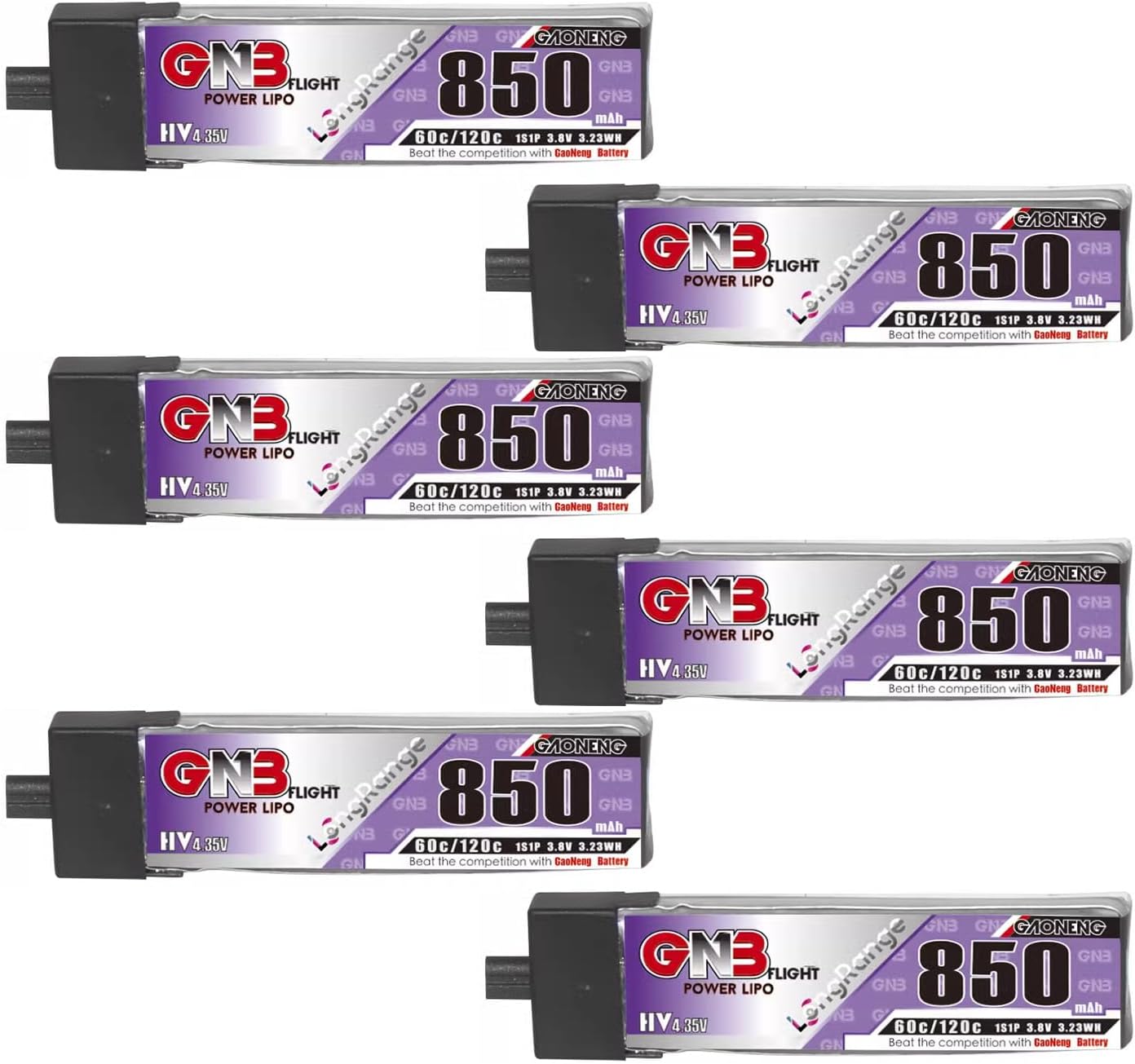 GAONENG6pcs GNB 850mAh 1S LiPo Battery 60C 120C 3.8V with A30 Connector for Tinyhawk Brushless 75mm FPV Drone Emax Tinyhawk S Happymodel Mobula6 HGLRC Petrel 75Whoop Spare RC Parts