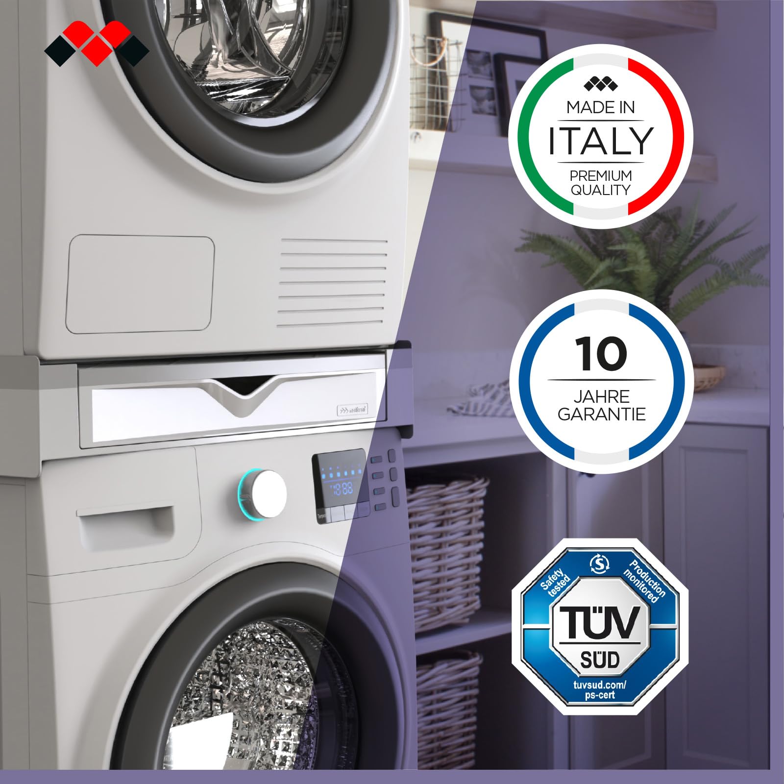 Meliconi Torre Duo Zwischenbaurahmen für Waschmaschine Trockner 2-in-1 Universal Vormontiert Platzsparend Made in Italy