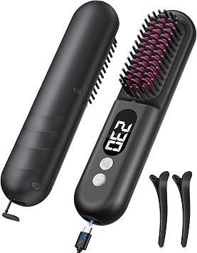 Cordless Hair Straightener Brush Portable Hair Straightener for Travel - Negative Ion Hot Comb Hair Straightening Brush for Women, USB Rechargeable, Long-Standby, Anti-Scald