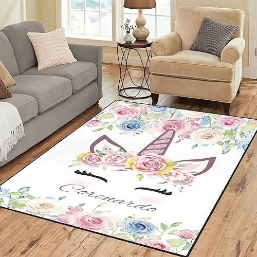 Miniatura 2 de Alfombra antideslizante personalizada con nombre, diseño de unicornio y rosas azules y rosadas, 4 x 5.2 pies, para dormitorio, niña, sala de estar,
