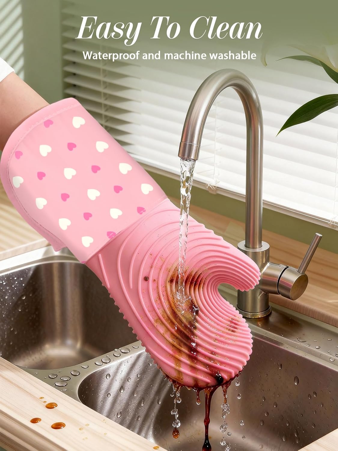 Slohif Long Silicone Oven Mitts Heat Resistant for Women - 2 Pcs Heart 100% Cotton Oven Gloves, Non-Slip and Waterproof Silicone Oven Mitts with Hanger for Baking and Cooking - Image 4