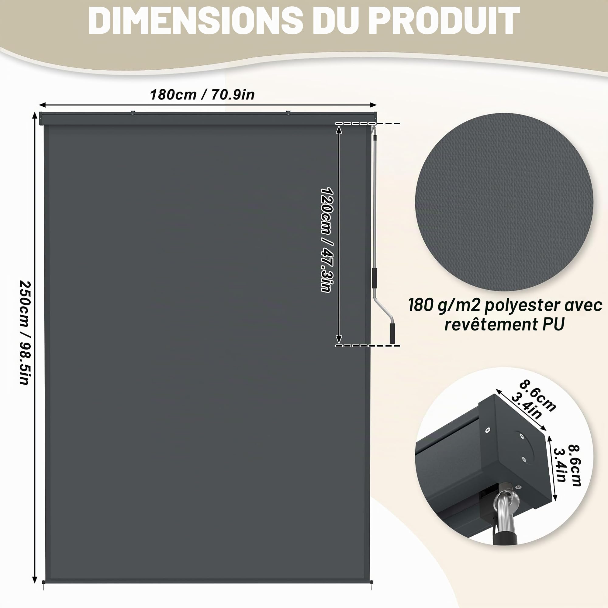 LZQ Store vertical 180 x 250 cm – Store extérieur résistant aux intempéries avec manivelle – Brise-vue et protection solaire – Convient pour terrasse, jardin et fenêtre – Store vertical robuste