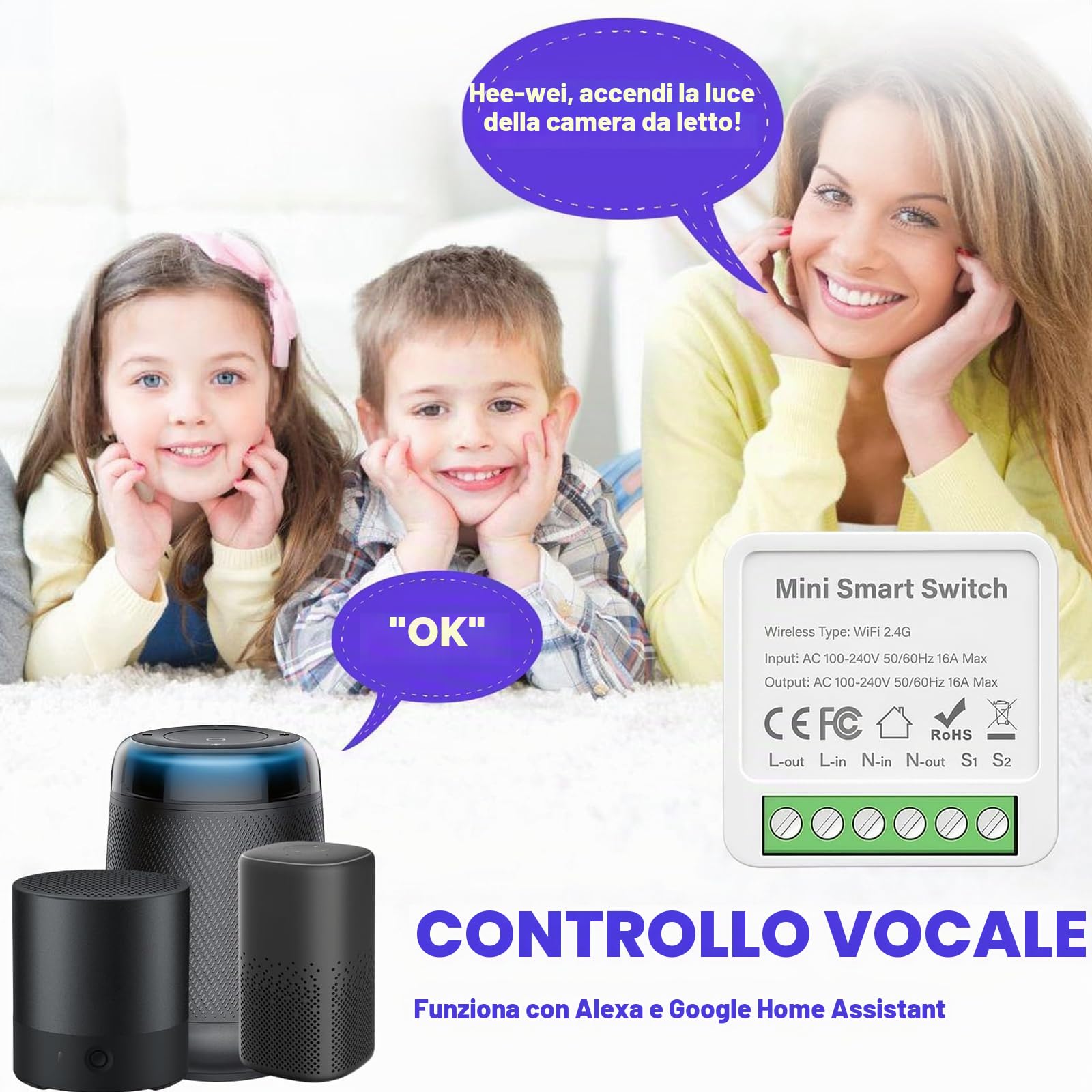 6 interruttori della luce intelligenti modulo a 2 vie, interruttore Wi-Fi Smart Life, mini interruttore Wi-Fi fai da te, compatibile con app Tuya, Alexa e Google Home, si adatta dietro interruttore a