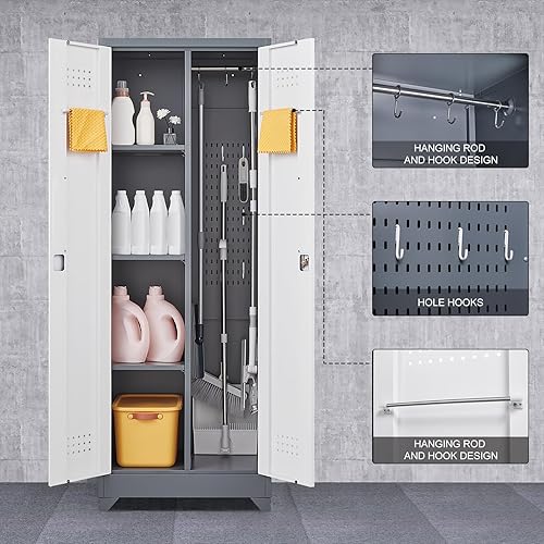 Miniatura 4 de GREATMEET Armario de almacenamiento de garaje con puertas de bloqueo, gabinete de almacenamiento de metal con barra para colgar, armario de