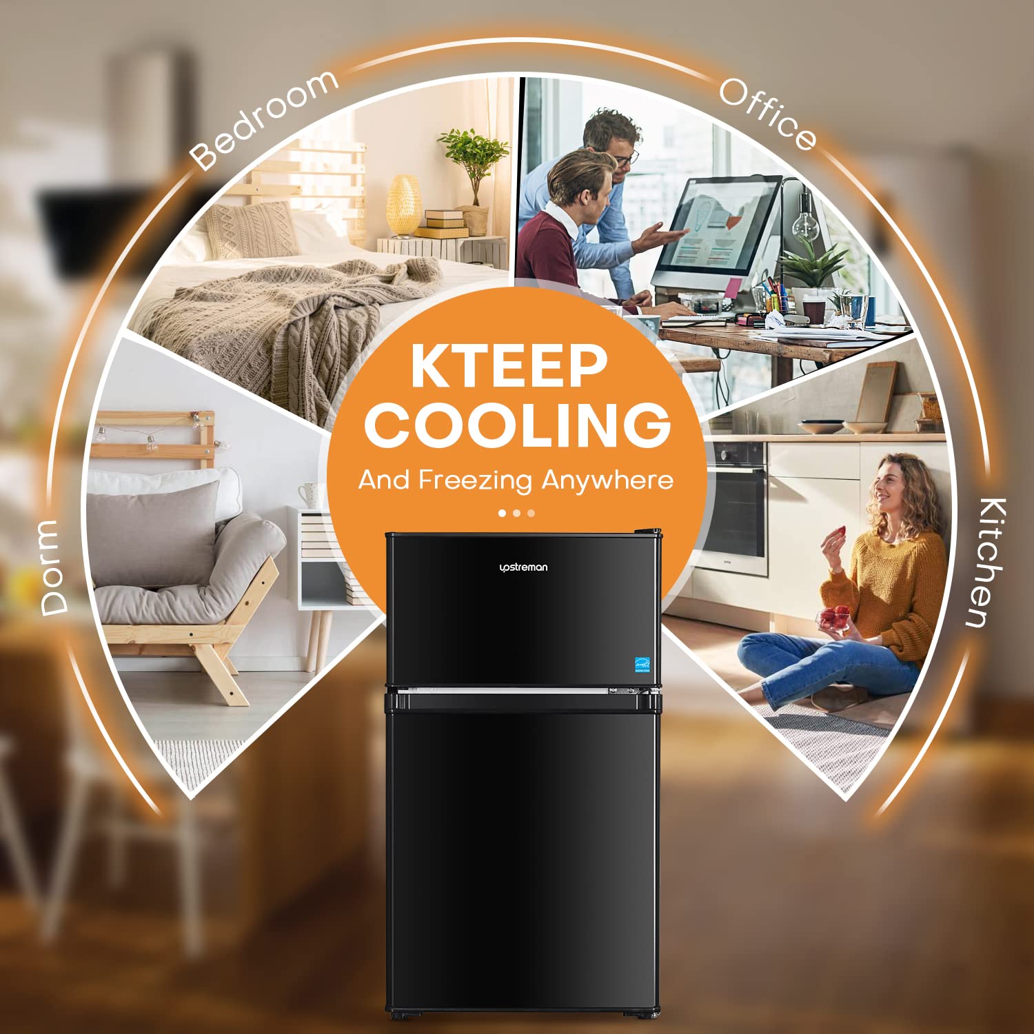 Upstreman 3.2 Cu.Ft Mini Fridge with Freezer, Double Door Mini Fridge