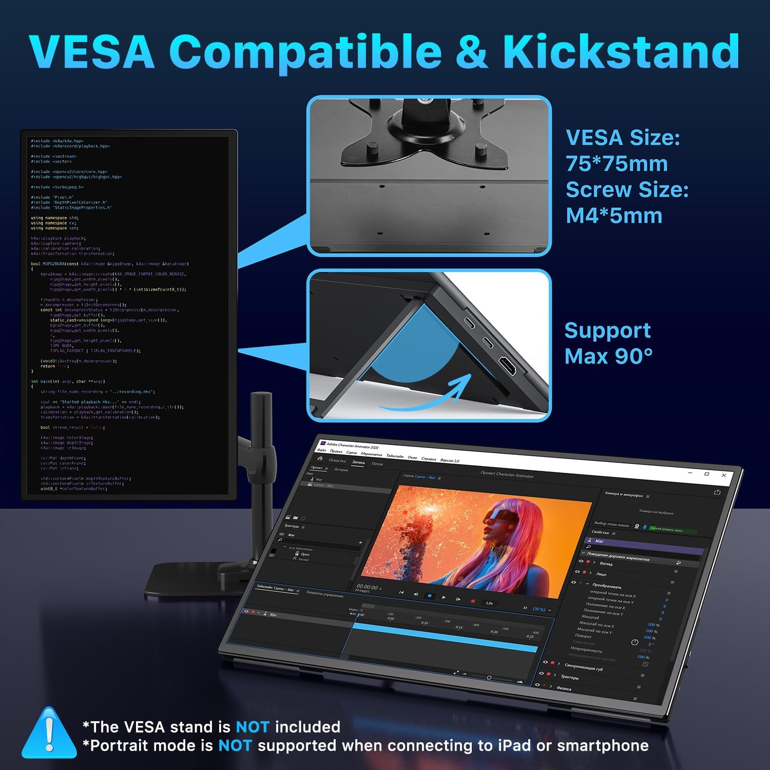 Upperizon Portable Monitor showing its adjustable kickstand and VESA mount dimensions