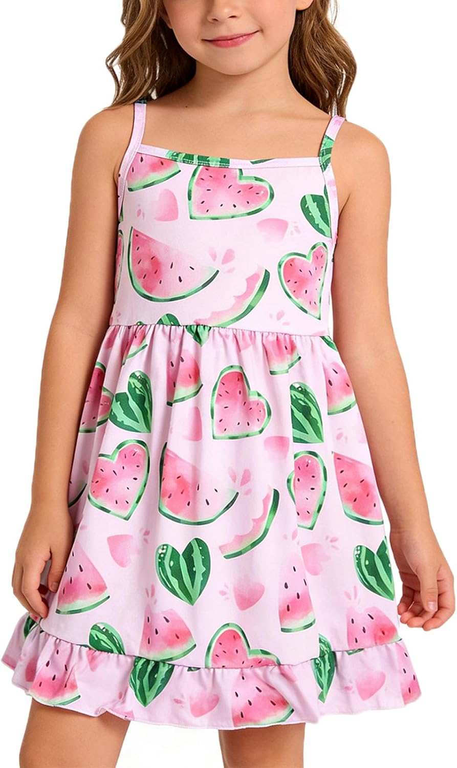 Toddler Girl Dress Casual Watermelon Print Spaghetti Strap Ruffle Outfit Dress Summer Clothes 2-8Y