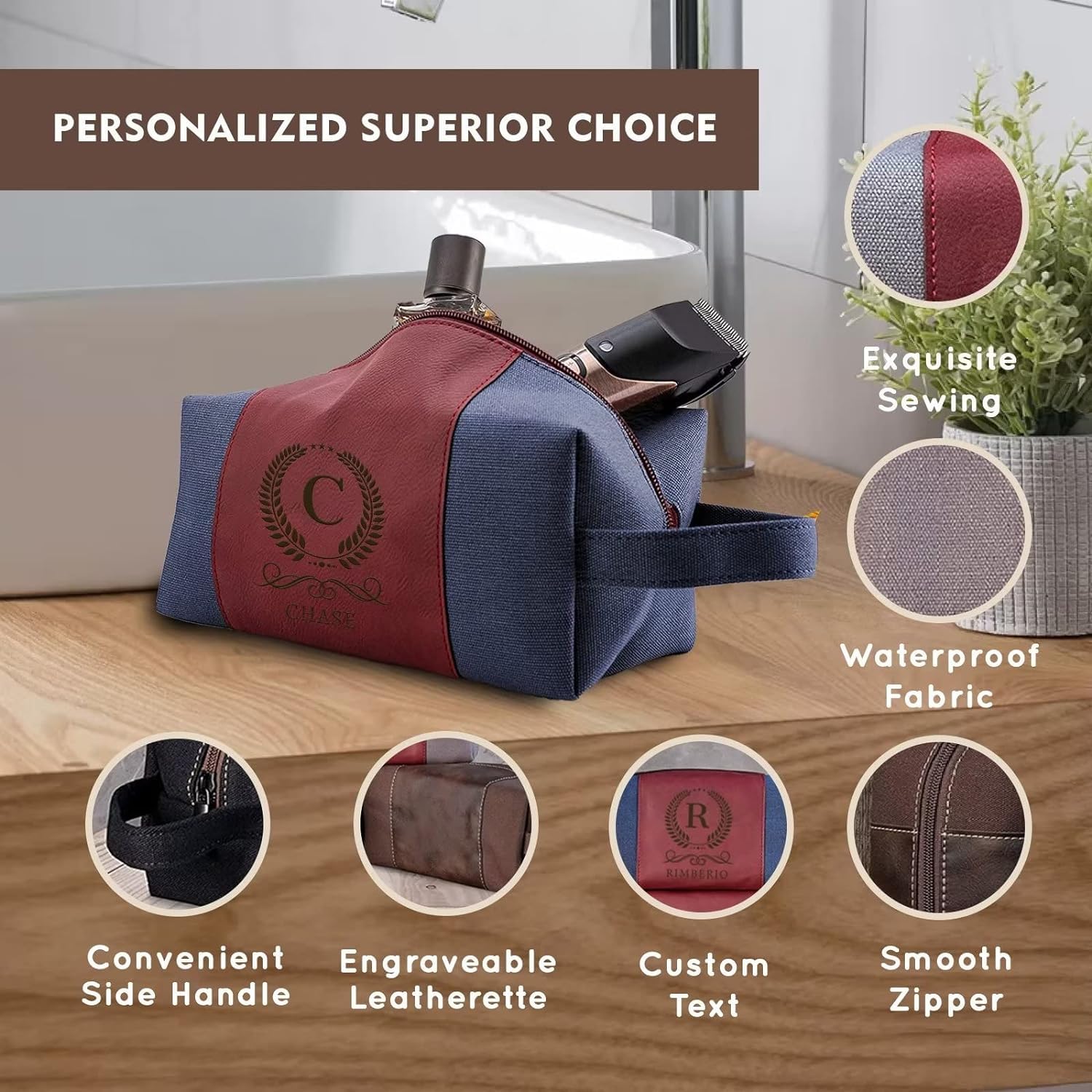 Neceser personalizado – Bolsa de viaje personalizada para artículos de aseo personal, organizador impermeable espacioso, ideal para hombres y regalos, Beige, Personalizable