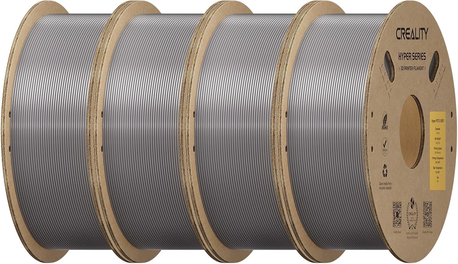 Creality Hyper-PETG filament do drukarki 3D, 4 kg, 1,75 mm, dokładność ± 0,03 mm, filament do drukarki 3D o dużej prędkości 30-600 mm/s, nadaje się do większości drukarek FDM 3D, 4 cewki – 1 kg (4 ×