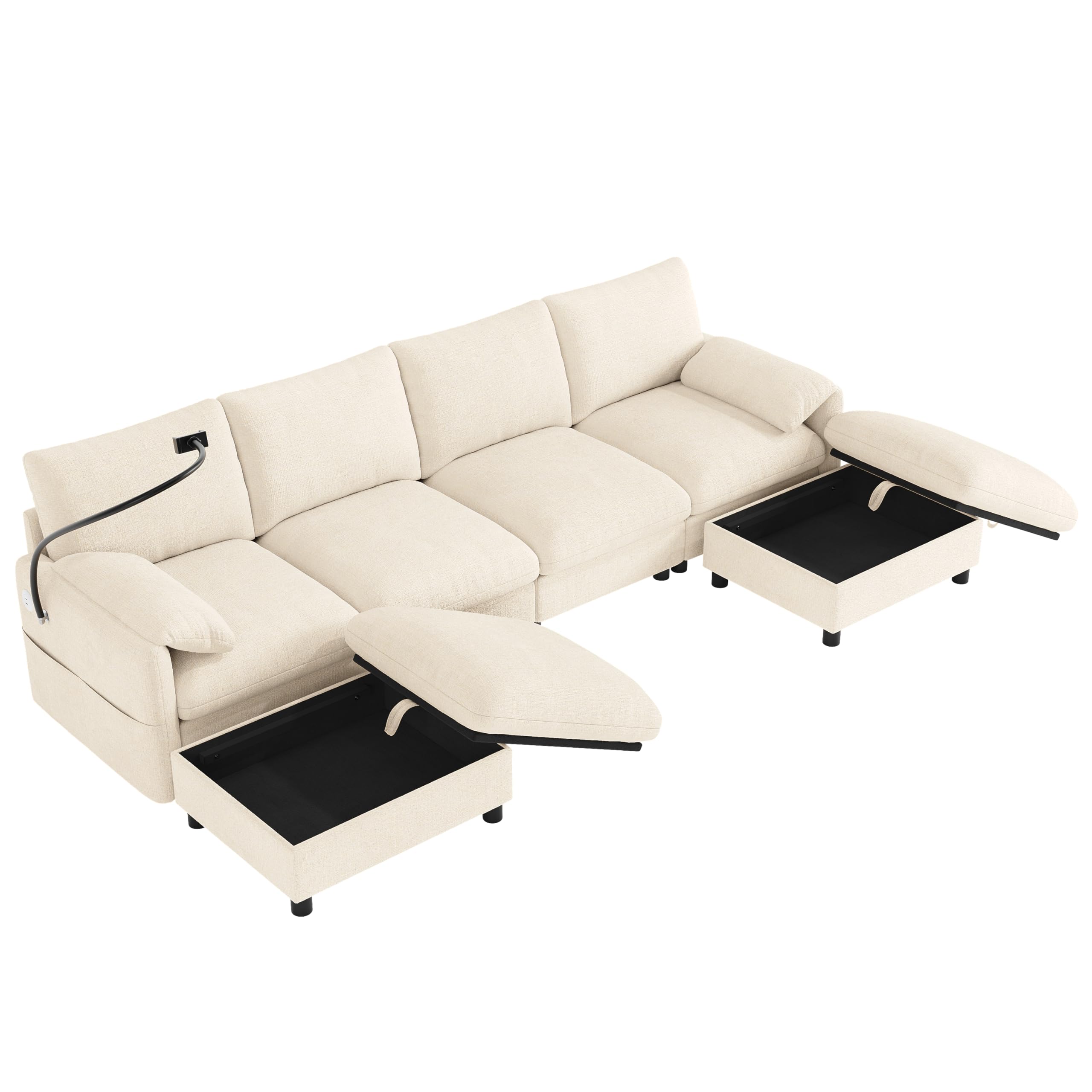 Sofá modular de 6 plazas en U con dos pufs contenedores, sofá de esquina en U con puerto de recarga USB y puerto para celular, sofá modular en L, sofá transformable, sofás modulares de 6 plazas